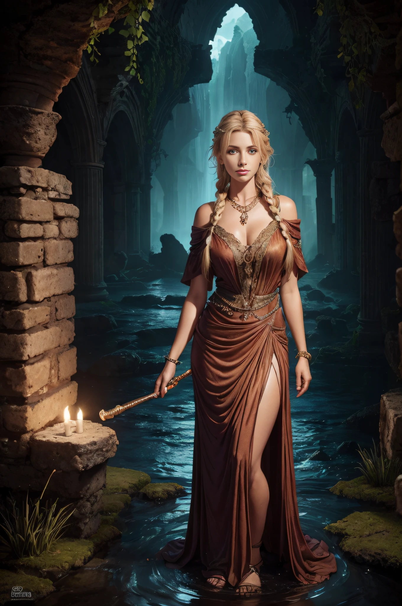 Obras-primas premiadas, With incredible detail, textures and maximum detail, Mulher no vestido longo , retrato , oCultista feminino, Clero feminino, retrato de um necromante feminino, Maga Feminina, (vista noturna), necromante feminino, mulher medieval, female sorceress, olhos gentis, (Ela tem um sorriso travesso no rosto), Rosto bonito e feminino, Brincos de vidro nas orelhas, ((((retrato de corpo inteiro)))), ((((Full body standing image)))), ((((gives full body standing image)))), (Around her neck is a simple necklace of exquisite finish), She holds an old magical book bound in leather in her right hand, She has a small flashlight hanging from her left hand, ((blonde hair separated and down in two braids)), (((Modest sober cloth dress with elegant embellishments))), reddish brown braided sandals, (((Vestido de pano))), ((Ela veste uma capa desgastada sobre os ombros)), ((procura para cima)), ((olhando para baixo)), (Quarto do Alquimista), (Oficina do Alquimista), (alchemist lab), (Ruins of an old castle), (Ruins of an ancient castle), (Deserted ruins), (ruined ruins), (Ruins with clear puddles), (Ruins with clear lagoons), (Ruins with clear calm water), (Ancient ruins with clear water), (Twilight), (sun sunset ), (Twilight) ,(ripple on water),(Flowing Water) , 8k