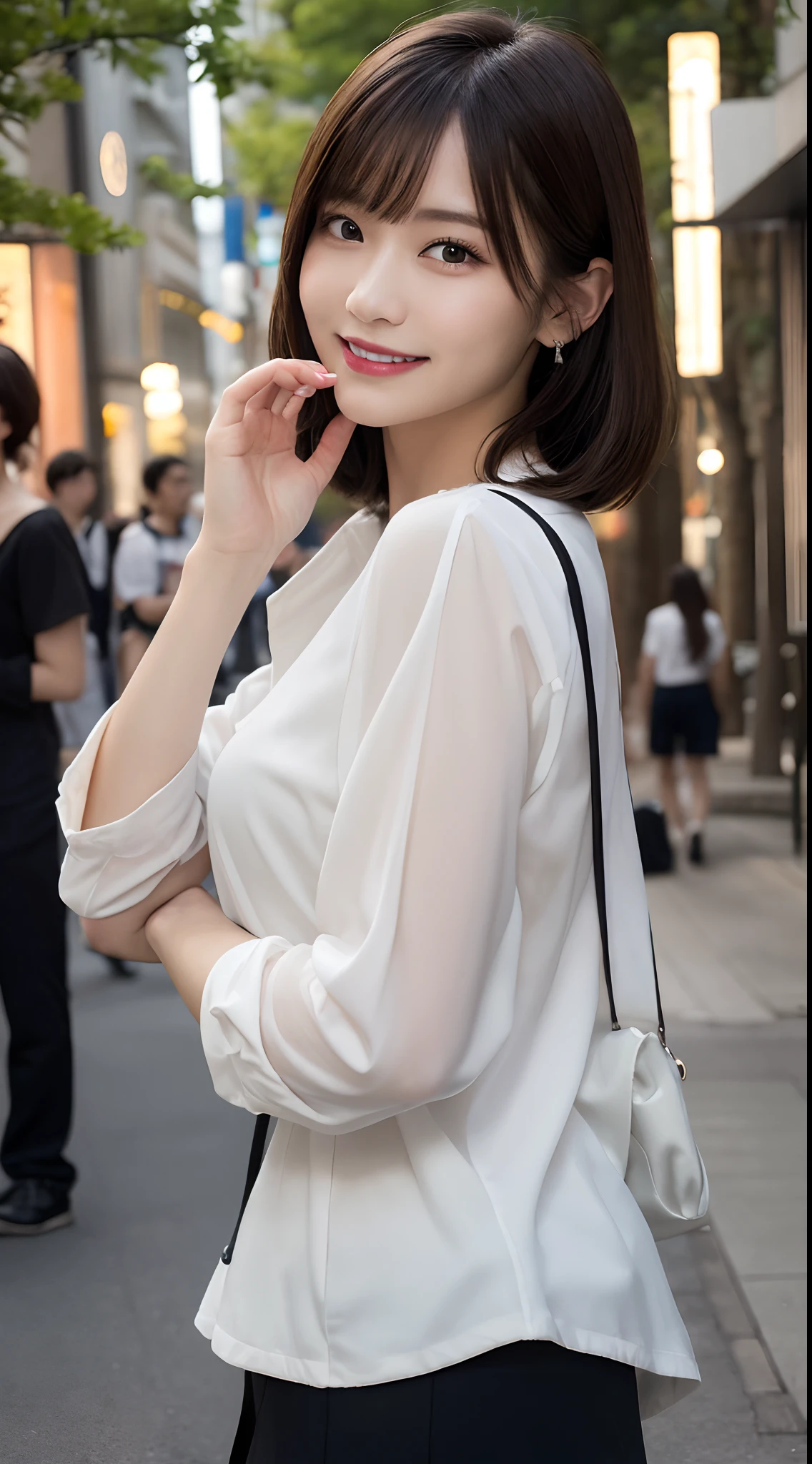 masutepiece, Best Quality, Illustration, Ultra-detailed, finely detail, hight resolution, 8K Wallpaper, Perfect dynamic composition, Beautiful detailed eyes, Luxury Brand Women's Fashion,Shorthair,Natural Color Lip, Bold sexy poses,Smile,Harajuku、20 years girl、Cute、Sexy shot looking at camera、piercings、a park、appointment、A smile、early evening、natta、nighttime scene