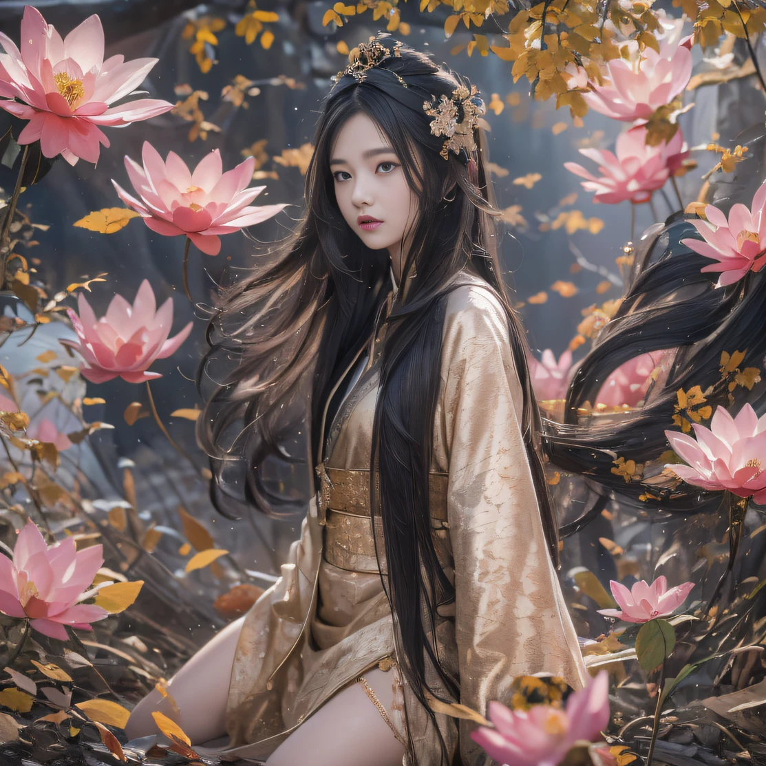 32K(tmasterpiece,k hd,hyper HD,32K)Long flowing black hair,ponds,zydink, a color, Xuzhou people (Silly girl), (Silk scarf), Combat posture, looking at the ground, long whitr hair, Floating hair, Carp pattern headdress, Chinese long-sleeved clothing, (abstract ink splash:1.2), Pink petal background,Pink and white lotus flowers fly(realisticlying:1.4),Black color hair,Fallen leaves flutter,The background is pure, A high resolution, the detail, RAW photogr, Sharp Re, Nikon D850 Film Stock Photo by Jefferies Lee 4 Kodak Portra 400 Camera F1.6 shots, Rich colors, ultra-realistic vivid textures, Dramatic lighting, Unreal Engine Art Station Trend, cinestir 800,Long flowing black hair,Denim skirt