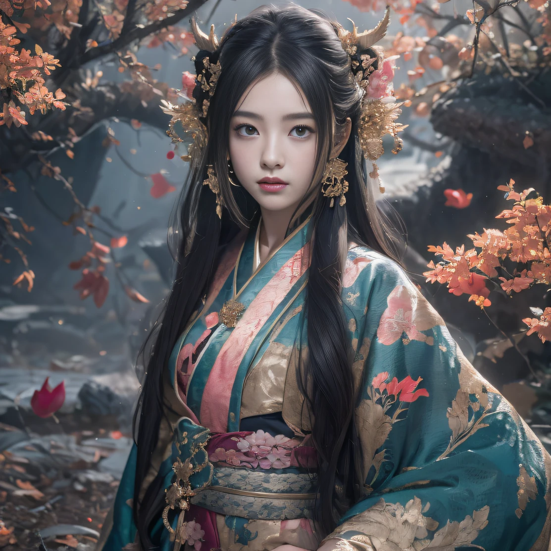 32K（tmasterpiece，k hd，hyper HD，32K）Long flowing black hair，ponds，zydink， a color， Xuzhou people （Silly girl）， （Silk scarf）， Combat posture， looking at the ground， long whitr hair， Floating hair， Carp pattern headdress， Chinese long-sleeved clothing， （abstract ink splash：1.2）， Pink petal background，Pink and white lotus flowers fly（realisticlying：1.4），Black color hair，Fallen leaves flutter，The background is pure， A high resolution， the detail， RAW photogr， Sharp Re， Nikon D850 Film Stock Photo by Jefferies Lee 4 Kodak Portra 400 Camera F1.6 shots, Rich colors, ultra-realistic vivid textures, Dramatic lighting, Unreal Engine Art Station Trend, cinestir 800，Long flowing black hair，Denim skirt