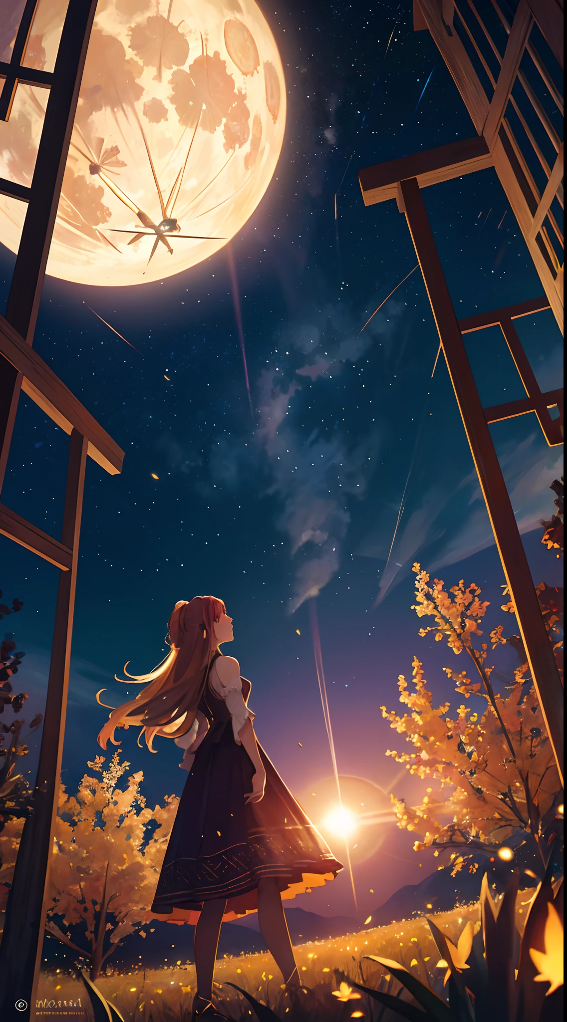 A girl is standing in the grass looking at the moon - SeaArt AI