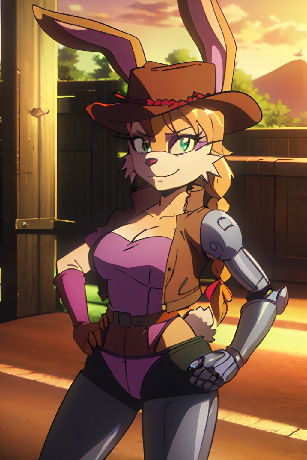 upper body, masterpiece,8k, best quality,insanely detailed, ((masterpiece)),subsurface scattering, detailed, good hands, 1girl,solo,wide hips,good eyes, ray tracing,bunnierabbot,furry, furry female, busty, pink leotard, Brown cowboy hat, brown jacket,cyborg, hair tied back in a single, long braid, violet eyelid, green eyes, pistol belt, floped ears, desert, smirk, (((hand on hip))), ((tipping hat))),busty, long ears, rabbit ears, metal arm,huge breasts