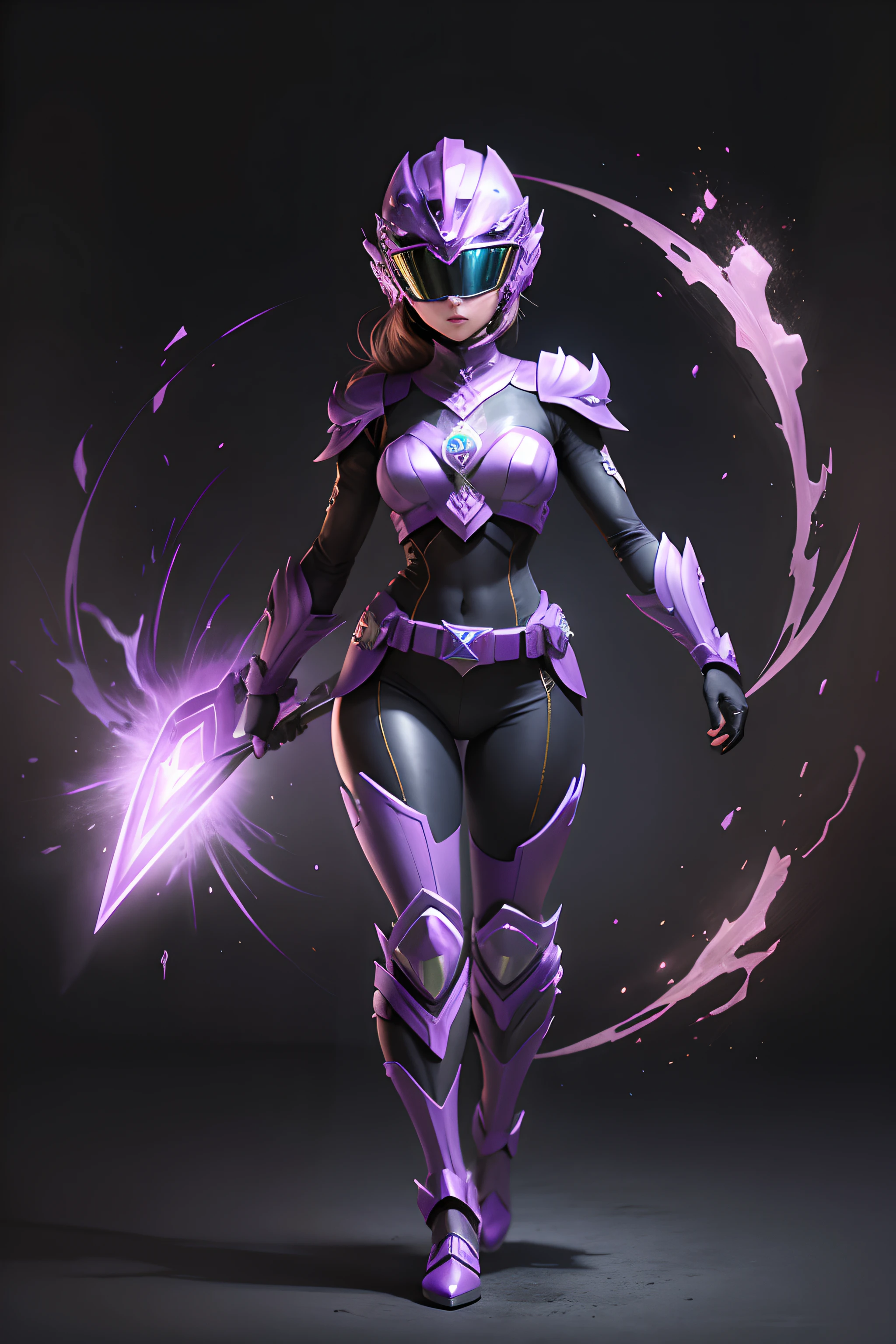 create a violet power ranger wearing helmet  , full body , mythic , black background ,a bit ancient theme