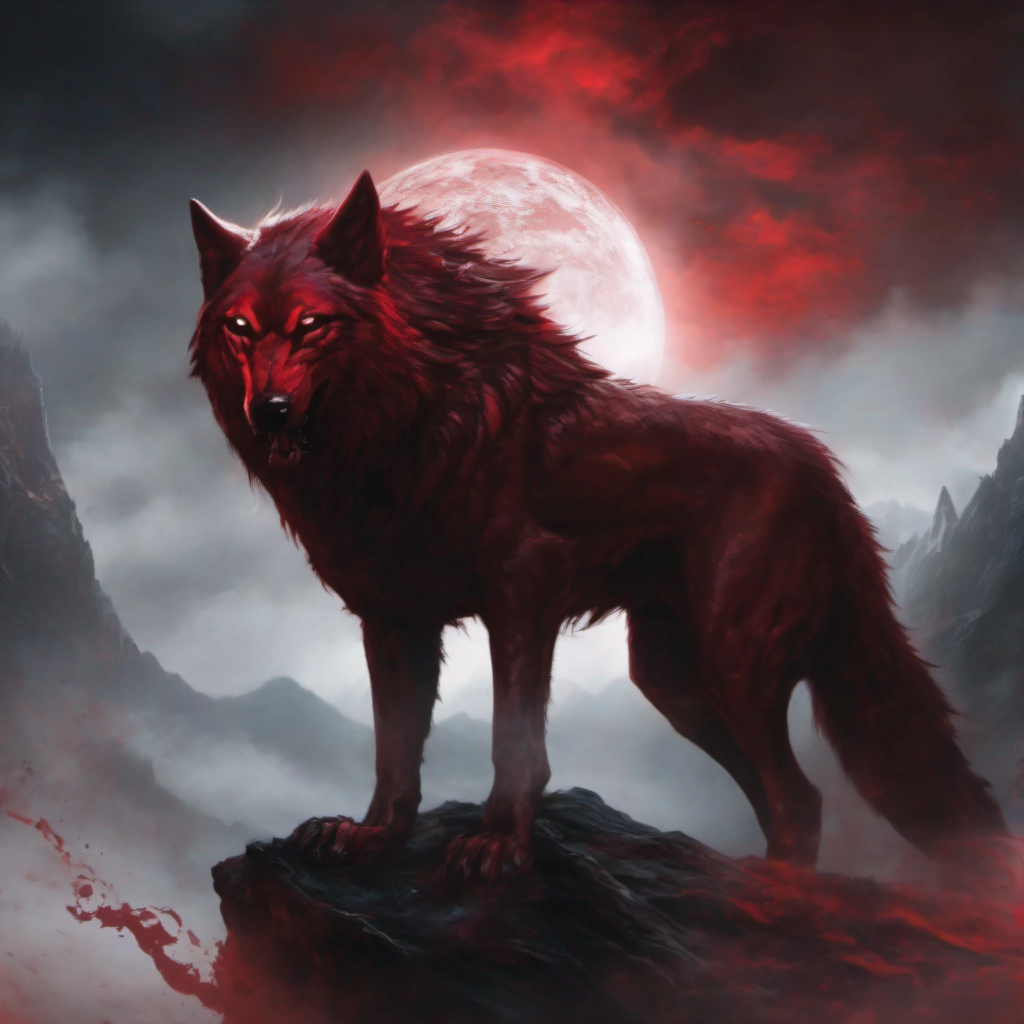 best quality, masterpiece, a monster, god, saint, mist, big red bleeding eye and blood moon as background, elden ring, wolf