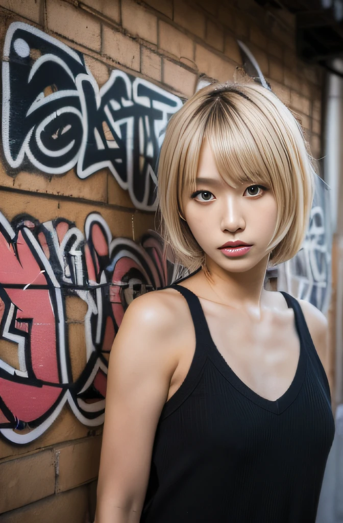 (masterpiece, top-quality:1.3), (Ultra detailed 8K cg:1.2), (hyper realisitic:1.35), (Photorealistic:1.45), (Realistic:1.4), (Japanese famous actress:1.4), 22 years old, (a blond:1.2), (Very short hair:1.2), (Tanned skin:1.5), Black Gal, flat chest, (gal make:1.4), (Looking at Viewer), Dynamic lighting, Dynamic Angle, (Hip Hop Fashion), (Graffiti art on the wall:1.4), action, Armpit