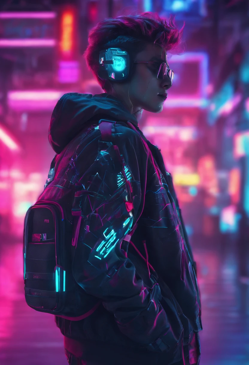 8K,Fine picture quality,Future street background,A cyberpunk boy,Carry this futuristic technology backpack,The backpack has lights,Future illuminated camera in hand,Back shadow