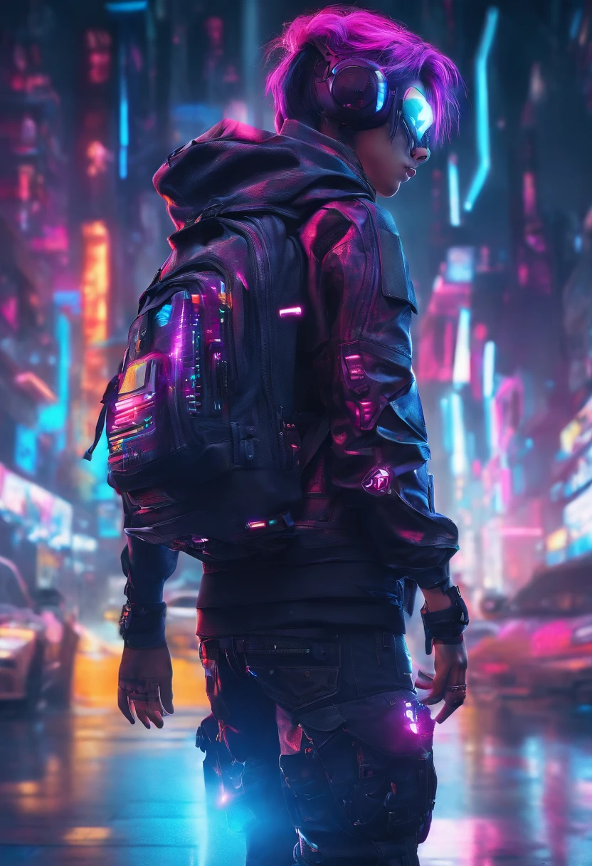 8K，Fine picture quality，Future street background，A cyberpunk boy，Carry this futuristic technology backpack，The backpack has lights，Future illuminated camera in hand，Back shadow