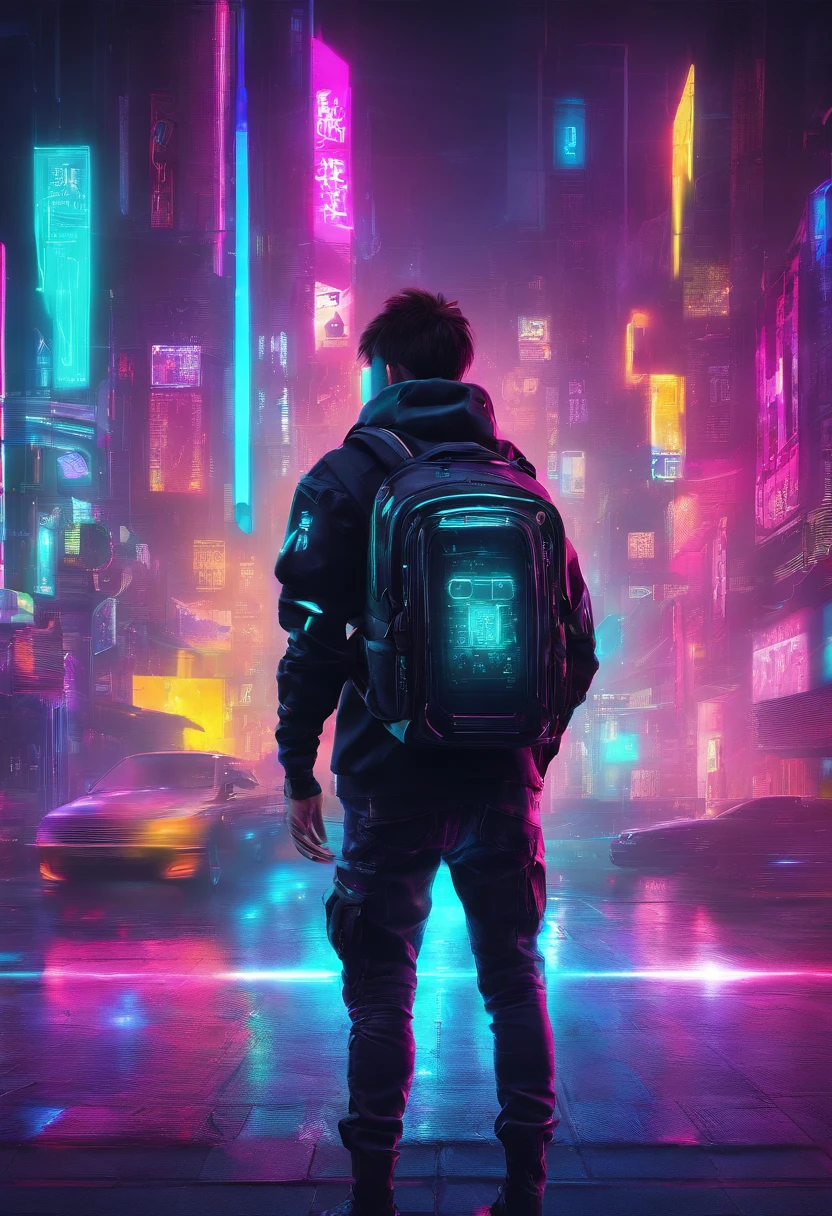 8K,Fine picture quality,Future street background,A cyberpunk boy,Carry this futuristic technology backpack,The backpack has lights,Future illuminated camera in hand,Back shadow