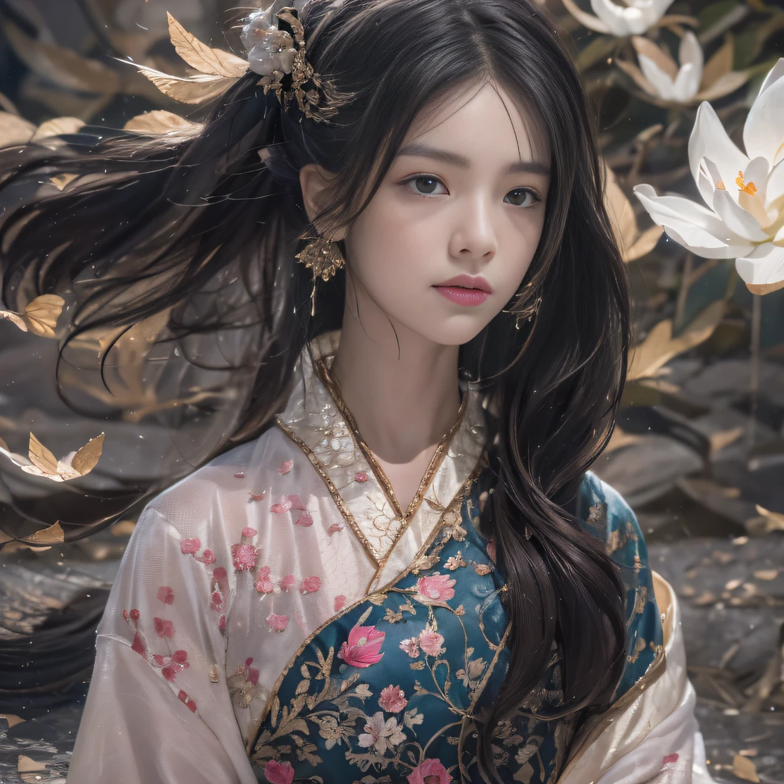 Ultra high quality,tmasterpiece,Perfect illustration,extreme hight detail(Delicate light and shadow,The picture is highly dramatic,)zhongfenghua, 1girll, 独奏, ((Wearing black and white two-color Hanfu,)) Flower field 1.4, blossoms, (White smoke:1.3) (realisticlying:1.4), Zen entanglement, tangled, offcial art, Unity 8k壁纸, ultra - detailed, Beautiful and beautiful, tmasterpiece,best qualtiy, (dynamic angle:1.4), Glowing skin, (Floating colorful flashes:1)The most beautiful forms of chaos,ellegance,Fauvistdesign,vivd colour,Romantic depth of field exotic_dance, half_naked,(Not exposed:2),