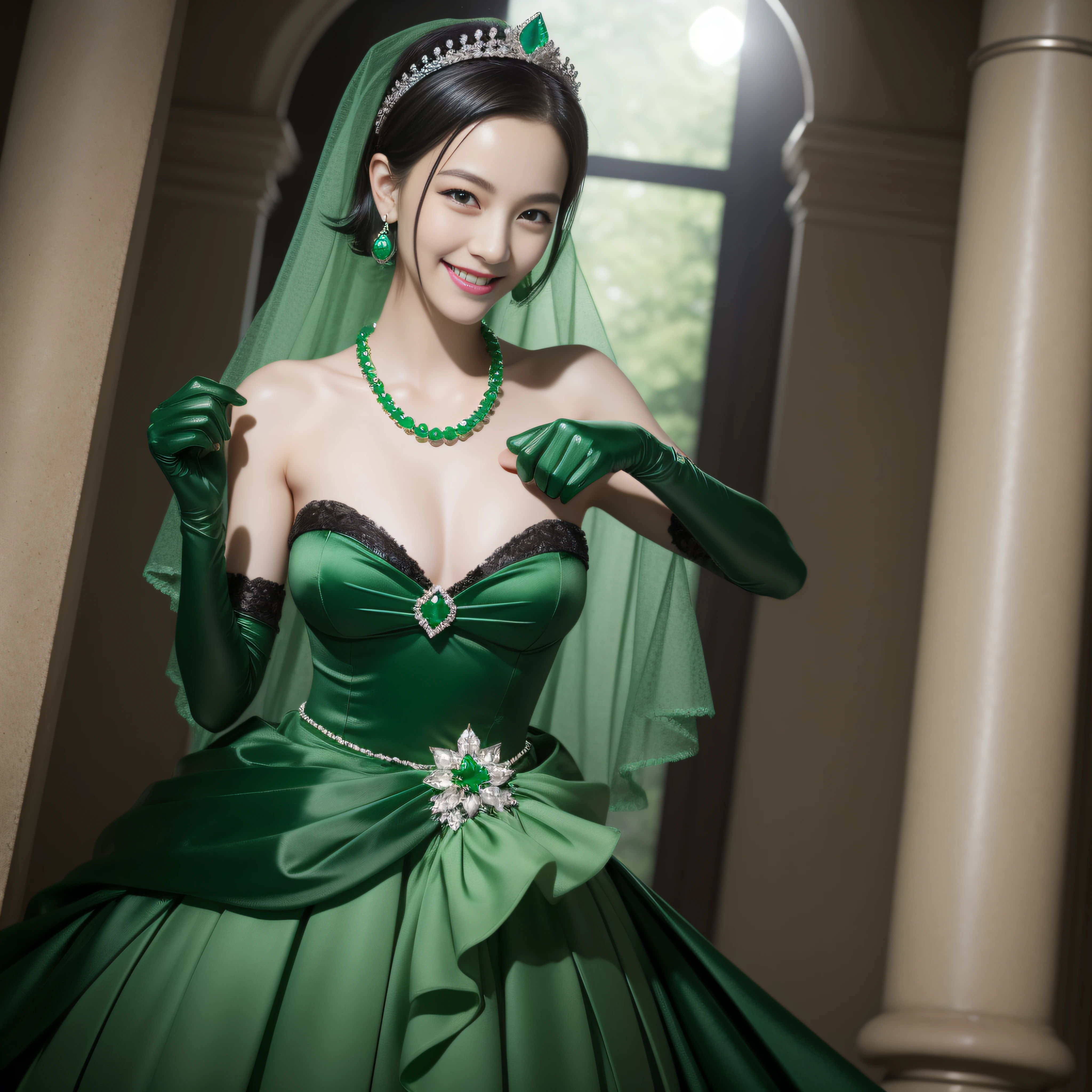 emerald tiara, Green Pearl Necklace, Boyish very short black hair, lipsticks, Japan woman smiling, Long green gloves made of satin material, very short short hair, fist