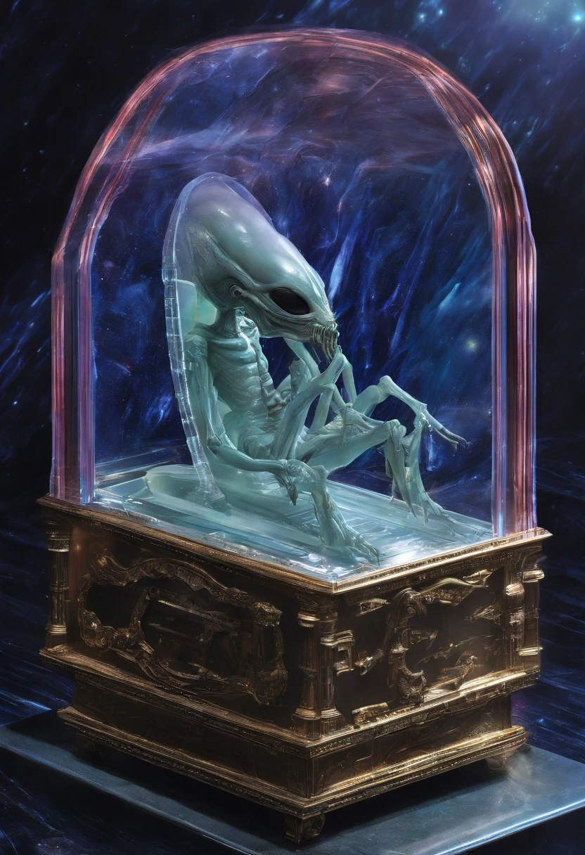The body of an alien lies in a crystal coffin