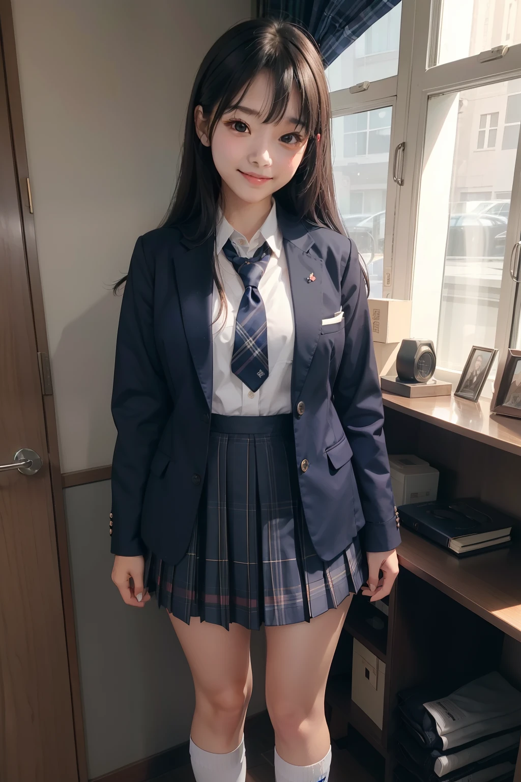 ((school uniform)),ribbon at neck,(school uniform and ((Plaid navy skirt)) and white shirt:1.1), Skin color, big , smile, (8k, RAW Photos, Highest quality, masterpiece:1.2), masterpiece, super detailed, super high quality, (Realistic and Realistic photography:1. 37), High-resolution RAW color photos, Very delicate and beautiful, highly detailed, 8k壁紙, wonderful, detailed, Very eye, very detailed, very detailed skin, very thin fingers, very detailed nose, very detailed mouth, Perfect Anatomy, Upper Body, studio, Soft lighting, A full-body shot of a cute idol wearing a one-piece swimsuit, Playful pose, Hands on hips, smile, Pastel Background, Realistic, Attention to detail, studio photography