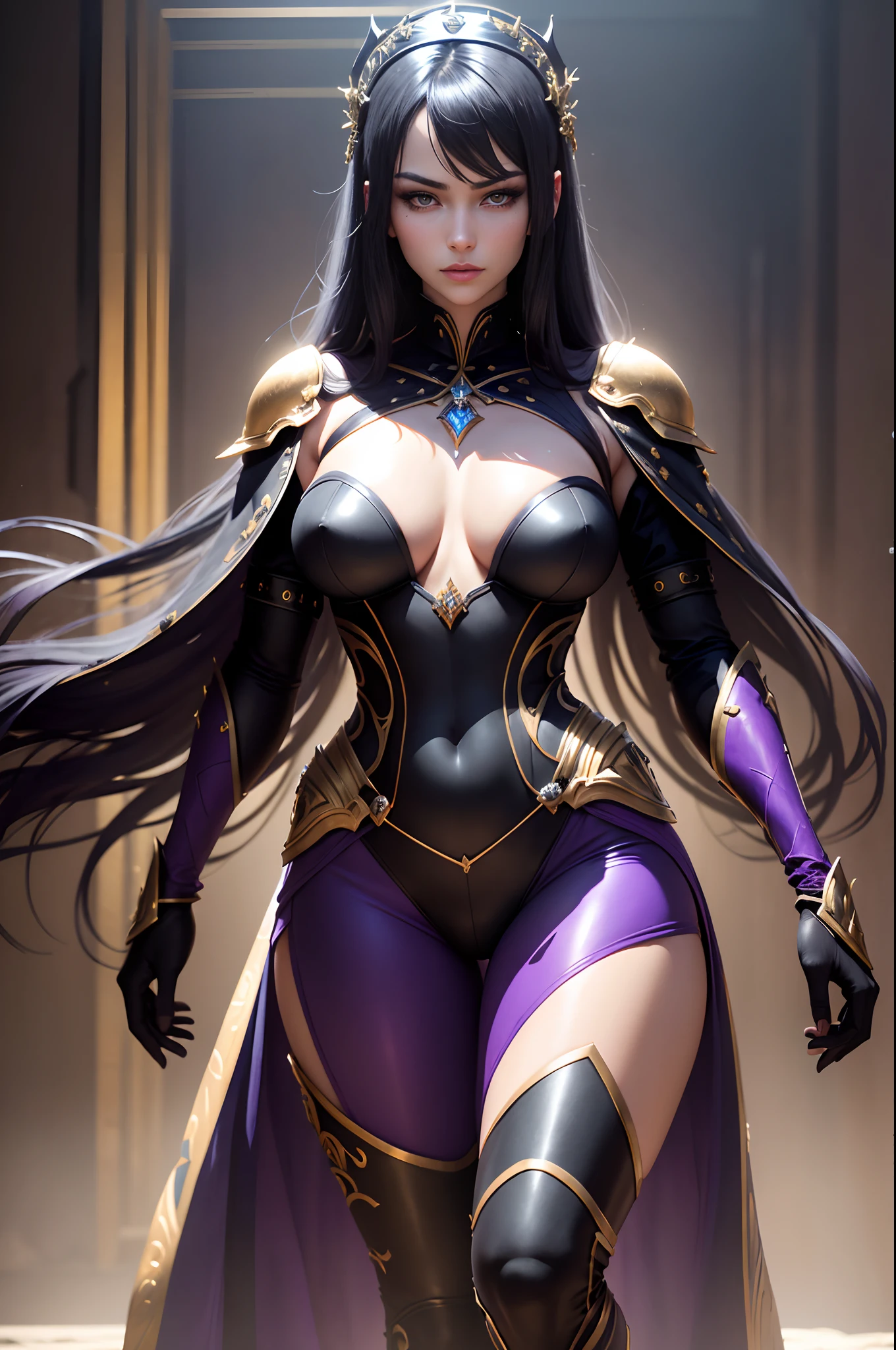 8K,Photorealsitic　Raw photography　top-quality;1.4) 　(One adult woman)　Super beautiful woman covering men　(Lifelike face)　long blue-black hair　Illusory Empress with Glowing Purple Eyes　Aristocratic large-chested exterior of black and silver color　Black and gold trousers　Golden decoration　glares　Equipped with a sword at the waist　Wearing black leather gloves　Ruins　Gwaitz style　Purple Rouge　realisitic　Precise details　unrealengine　Beautiful expression　Details of each part　超A high resolution　A hyper-realistic　enticing　Foot Armor　real looking skin　Fantasy Queen　An inviting gaze