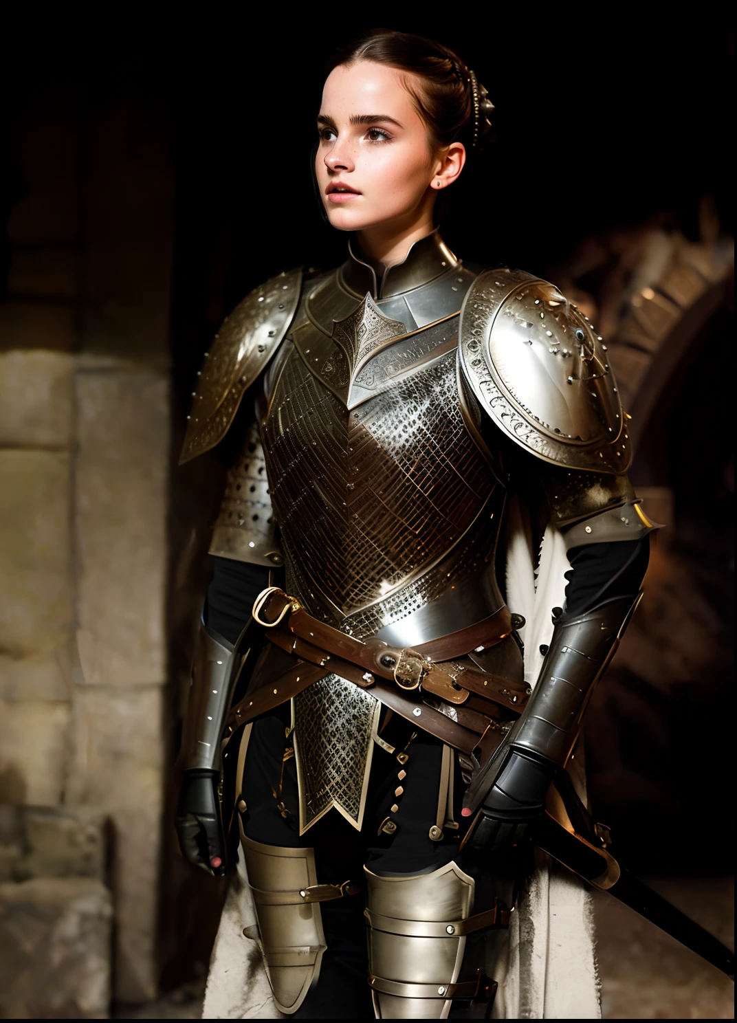 there is a woman in armor standing in a dark room, in iron armor, wearing sleek armor, covered in full iron armor, wearing studded leather armor, emma watson as a knight, girl in knight armor, dove cameron in a knight armor, sansa, with armour, female armor, with scaly-looking armor