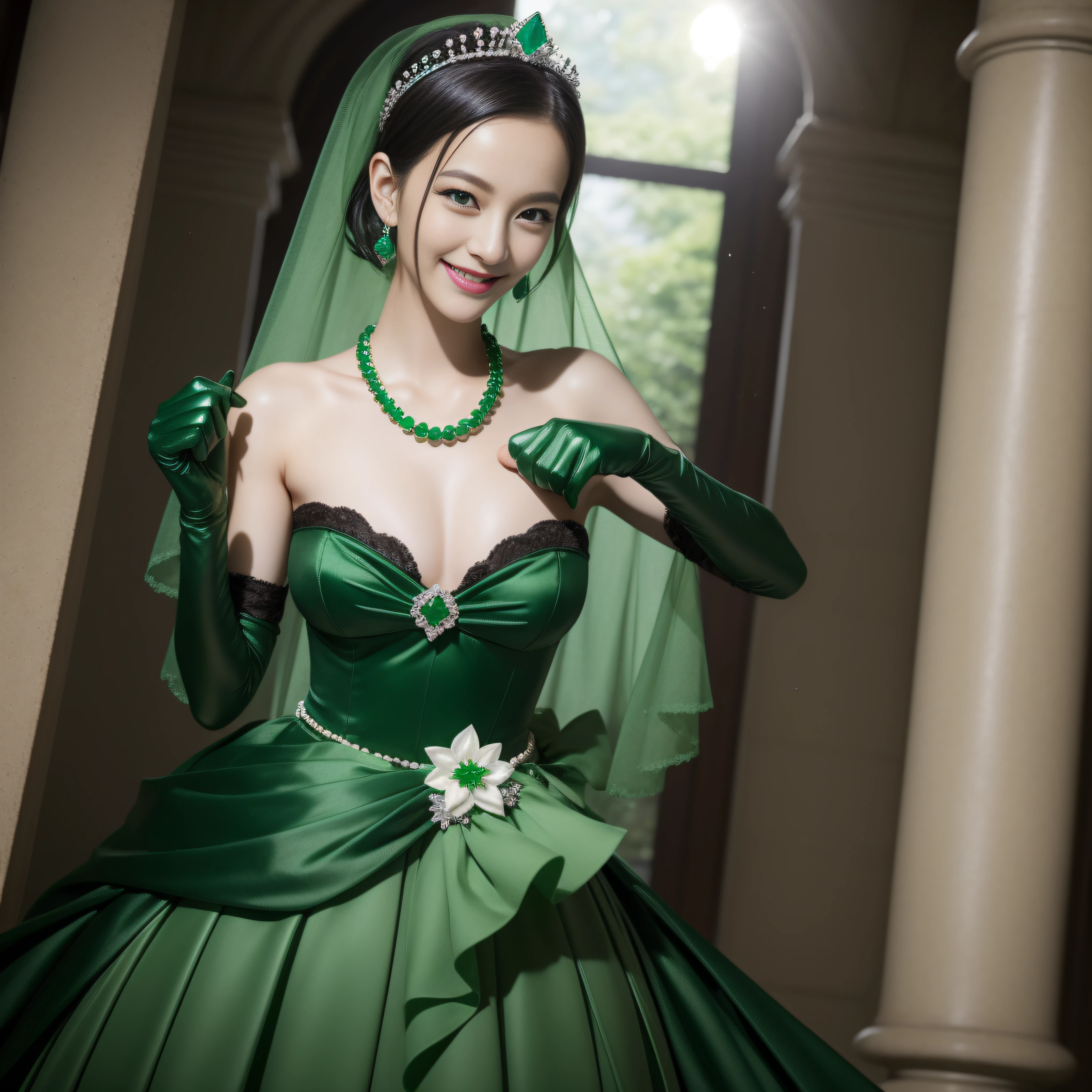 emerald tiara, Green Pearl Necklace, Boyish very short black hair, lipsticks, Japan woman smiling, Long green gloves made of satin material, very short short hair, fist