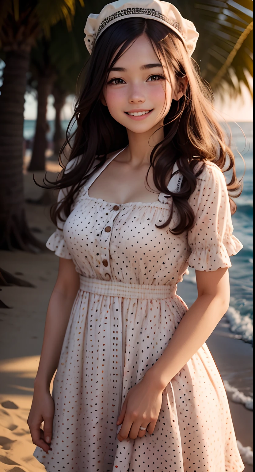 100% face preserved, wearing polka dot dress, European female student, standing on the beach. smiling with open teeth, 4k image