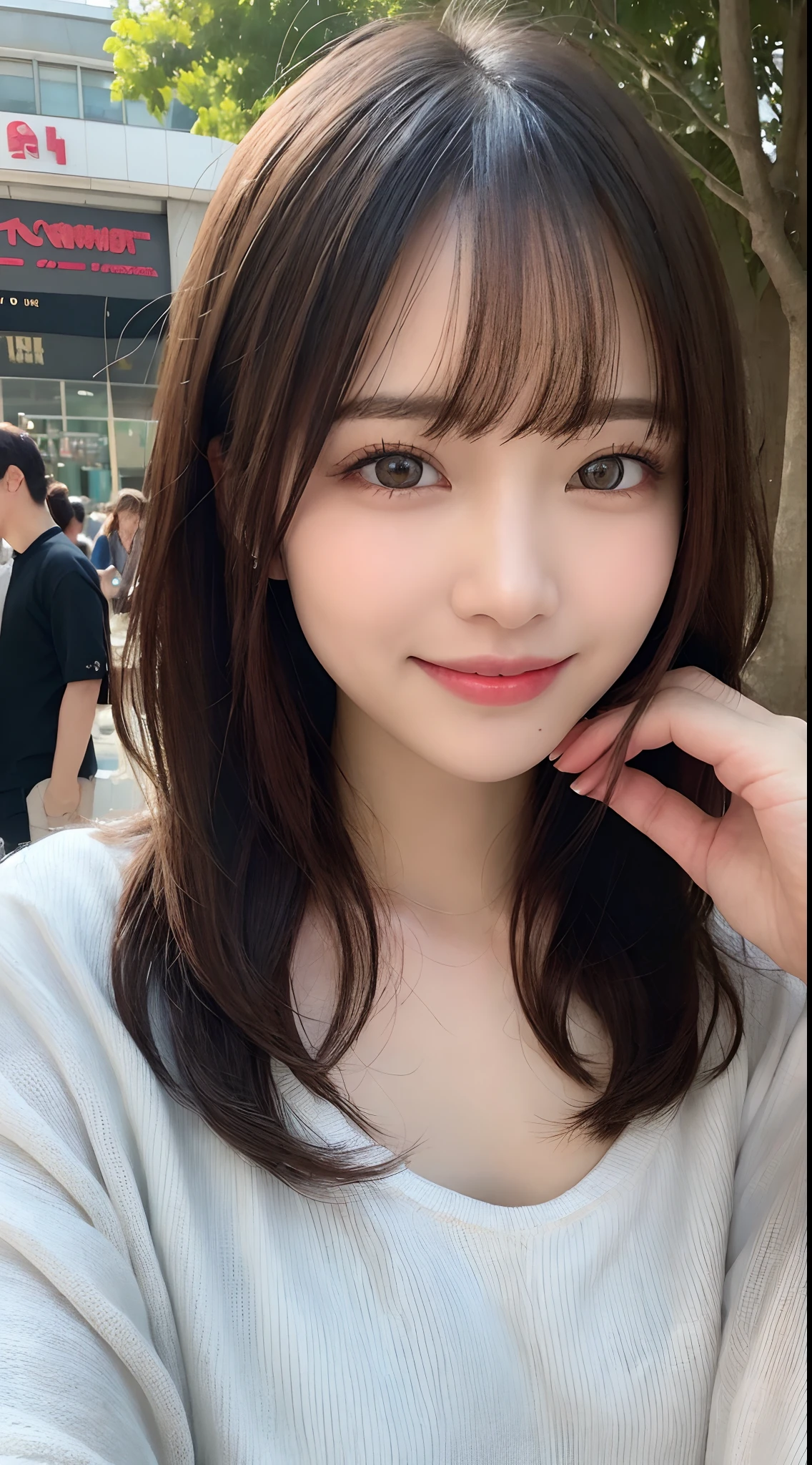 table top, highest quality, shape, Super detailed, finely, High resolution, 8k wallpaper, 完璧なダイナミックな構shape, beautiful and detailed eyes, off shoulder dress, small breasts, natural color lip,優しいsmile,20 year old girl、美しくdetailed face、perfect and beautiful face,Big eyes、美しくdetailed face、perfect and beautiful double eyelids、blur the background、Feminine poses、slim face and style、straight hair、Bedroom、lie in bed、 (get closer to the face, enlarge the face, face focus:1.0), break, (masterpiece, highest quality, Super detailed, detailed face, 8k)、real photos（best image quality）、shoot from above、look up、K-POPアイドルフェイス、smile