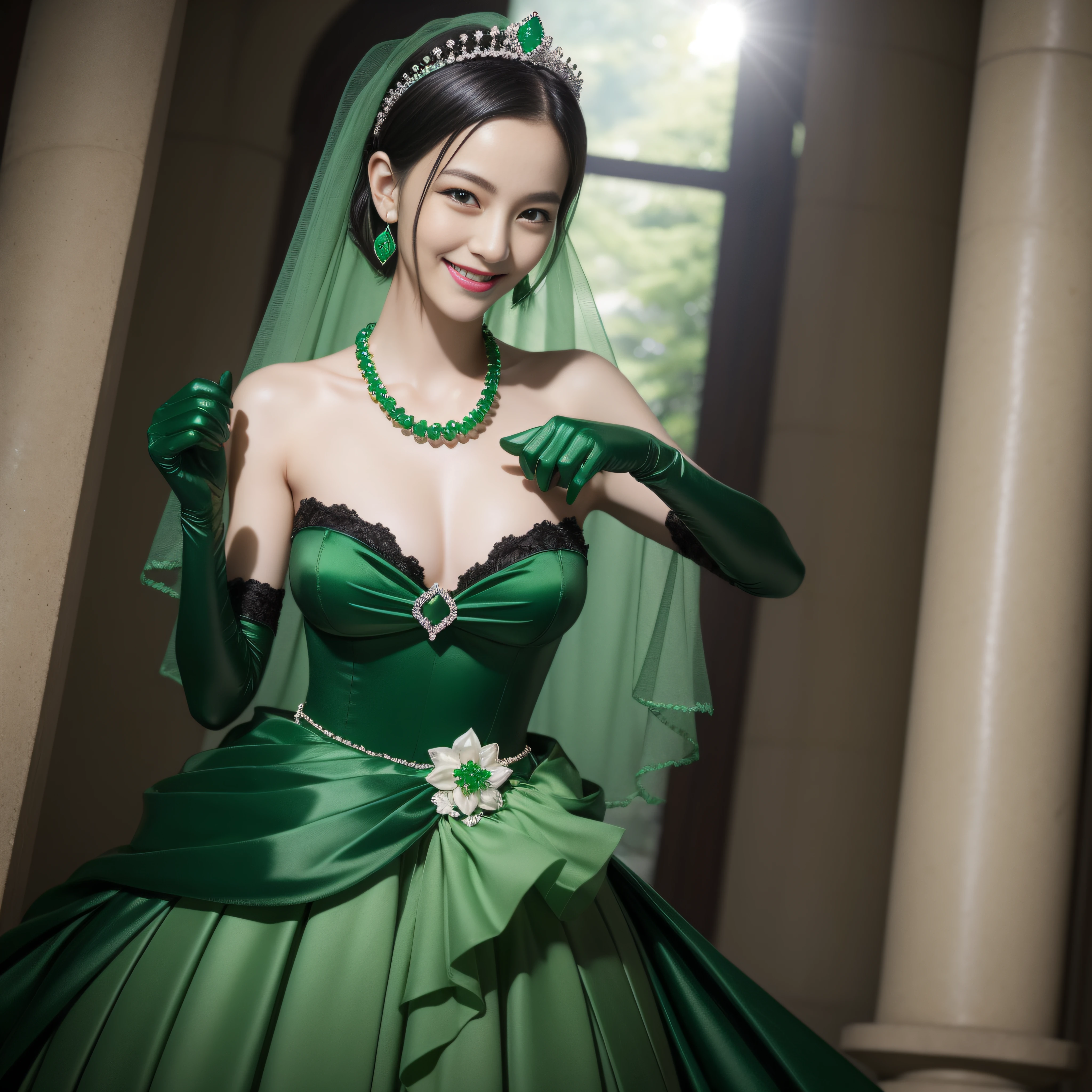 emerald tiara, Green Pearl Necklace, Boyish very short black hair, lipsticks, Japan woman smiling, Long green gloves made of satin material, very short short hair, fist