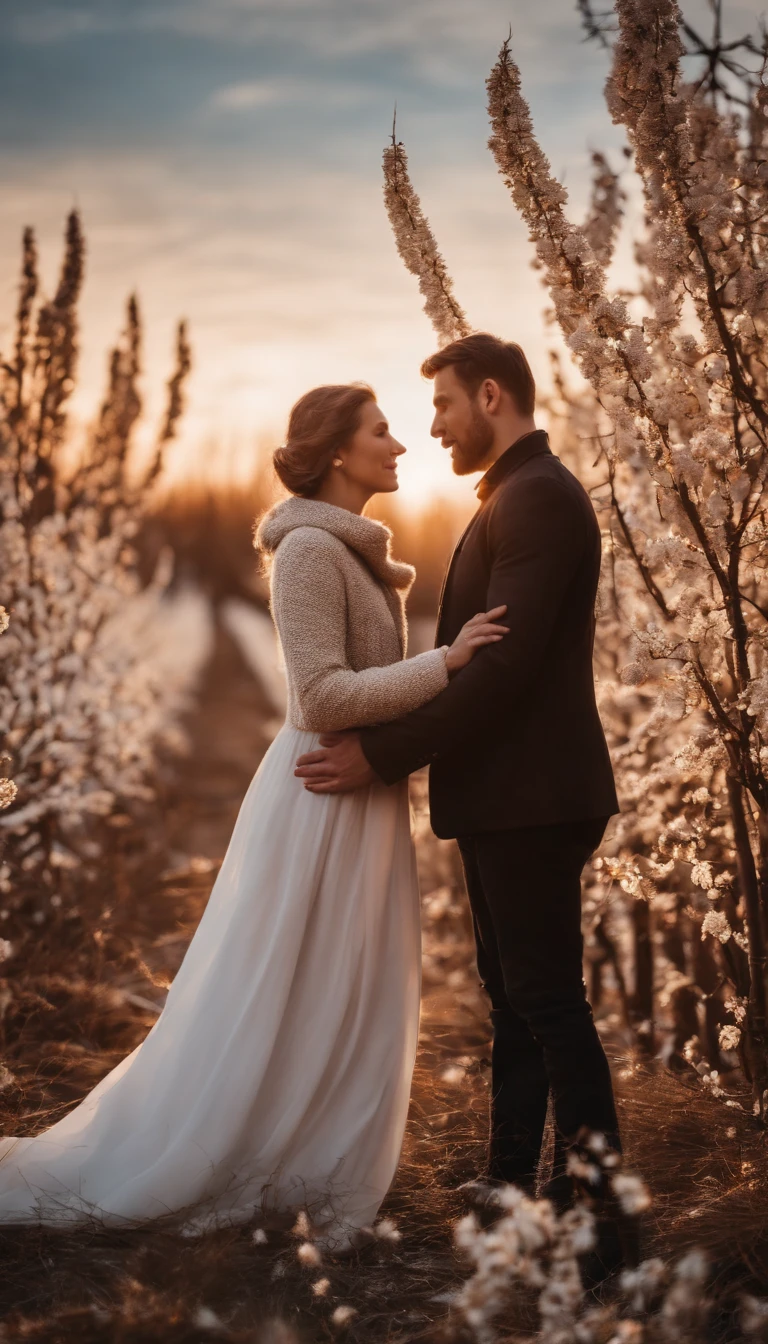 Blooming flowers in the winter landscape, the light of sunset, husband and woman parted