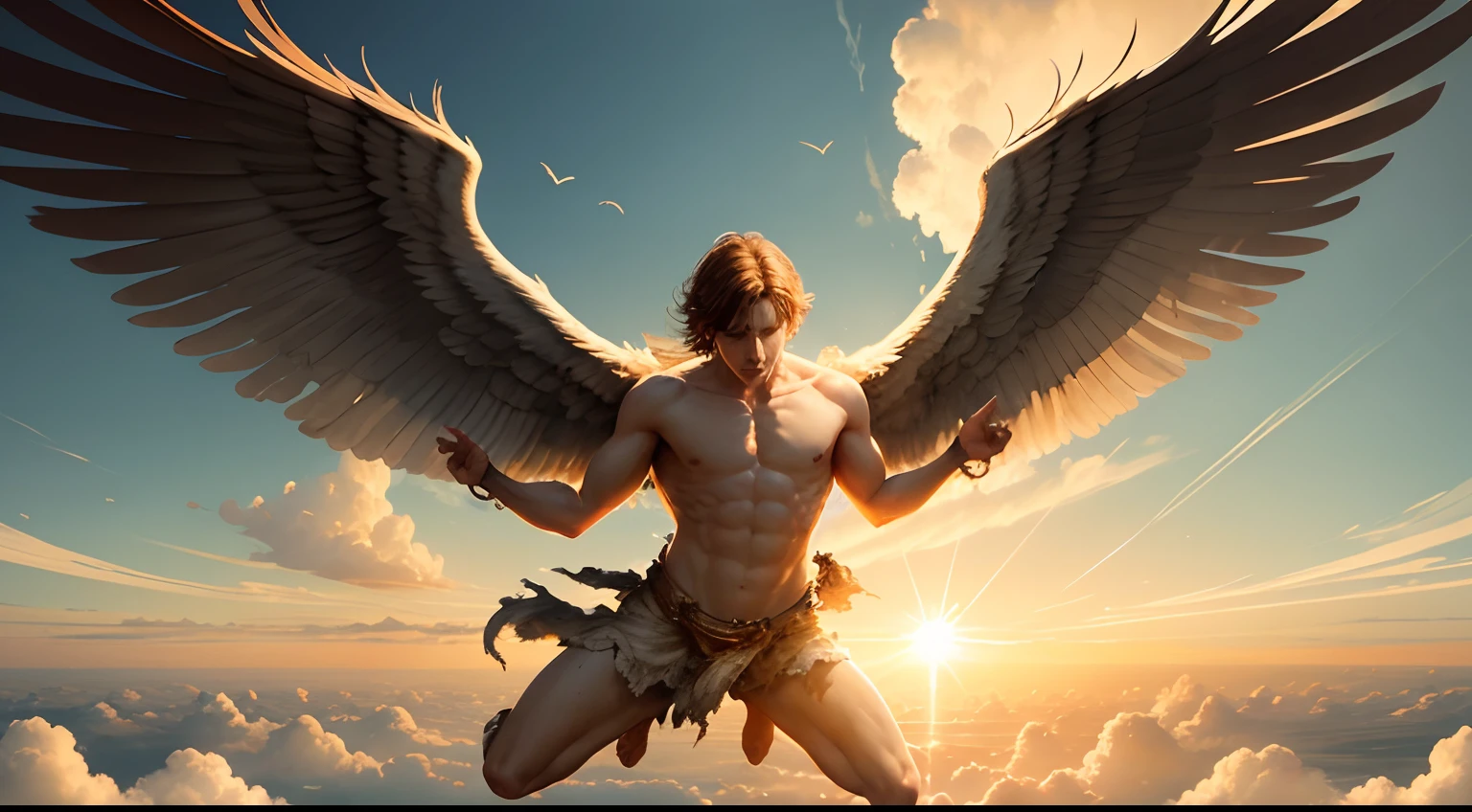 Depict the tragic scene as Icarus's wings start to melt and he begins to fall from the sky, with the Sun in the background.