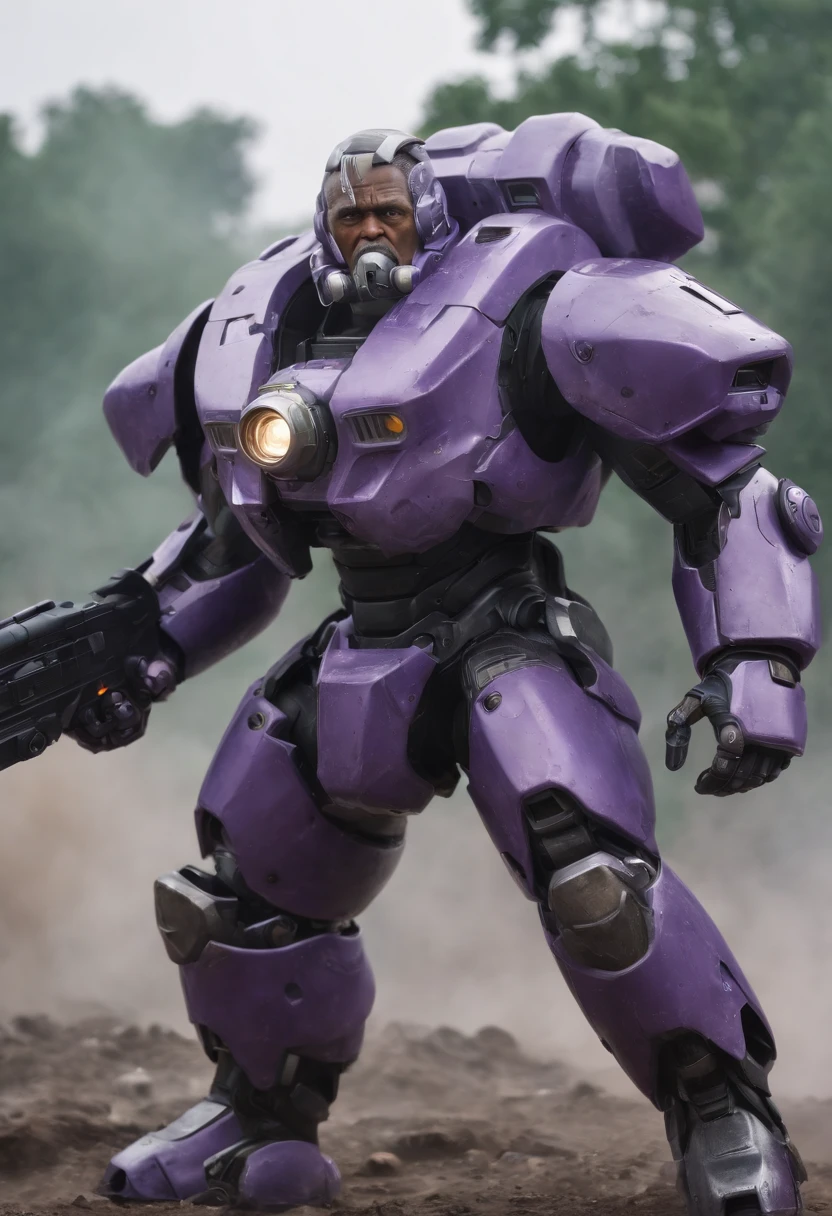 REALISTIC ANIME STYLE, JAPANESE ANIME, REAL ANIME, RAGE UNLEASHED, ANGRY, african american old man, white long beard cyborg soldier CAMERA LENSE HELM, ZOOM LENS GUN, GREEN HAMMER, GREEN CURLY SHORT HAIR, REFLECTIVE LENS EYES, heavy mecha armor, cybernetic, cyberpunk SPY, on planet venus, wasteland, apocalypse, barren venus planet, cinematic, volume lighting, PURPLE SMOKE EXPLOSION