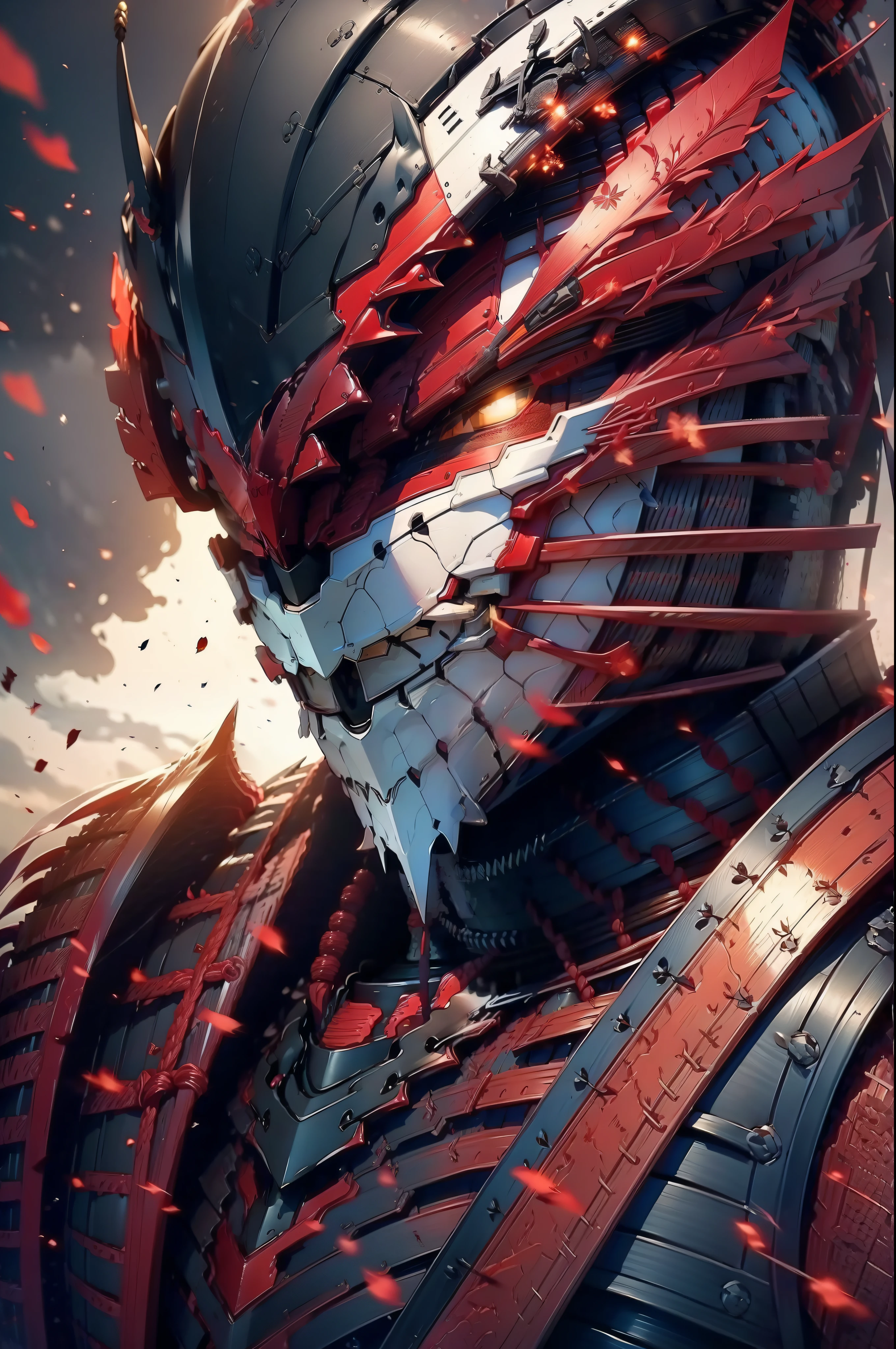 Japan samurai in armor、Highest bit、Highly detailed armor、reddish、ck、Highly detailed background，Realistic，ultra-detailliert，super detailed skin，light glow，Film grain，Expro II，Lens Flare，Sharpen，cinematic shadow