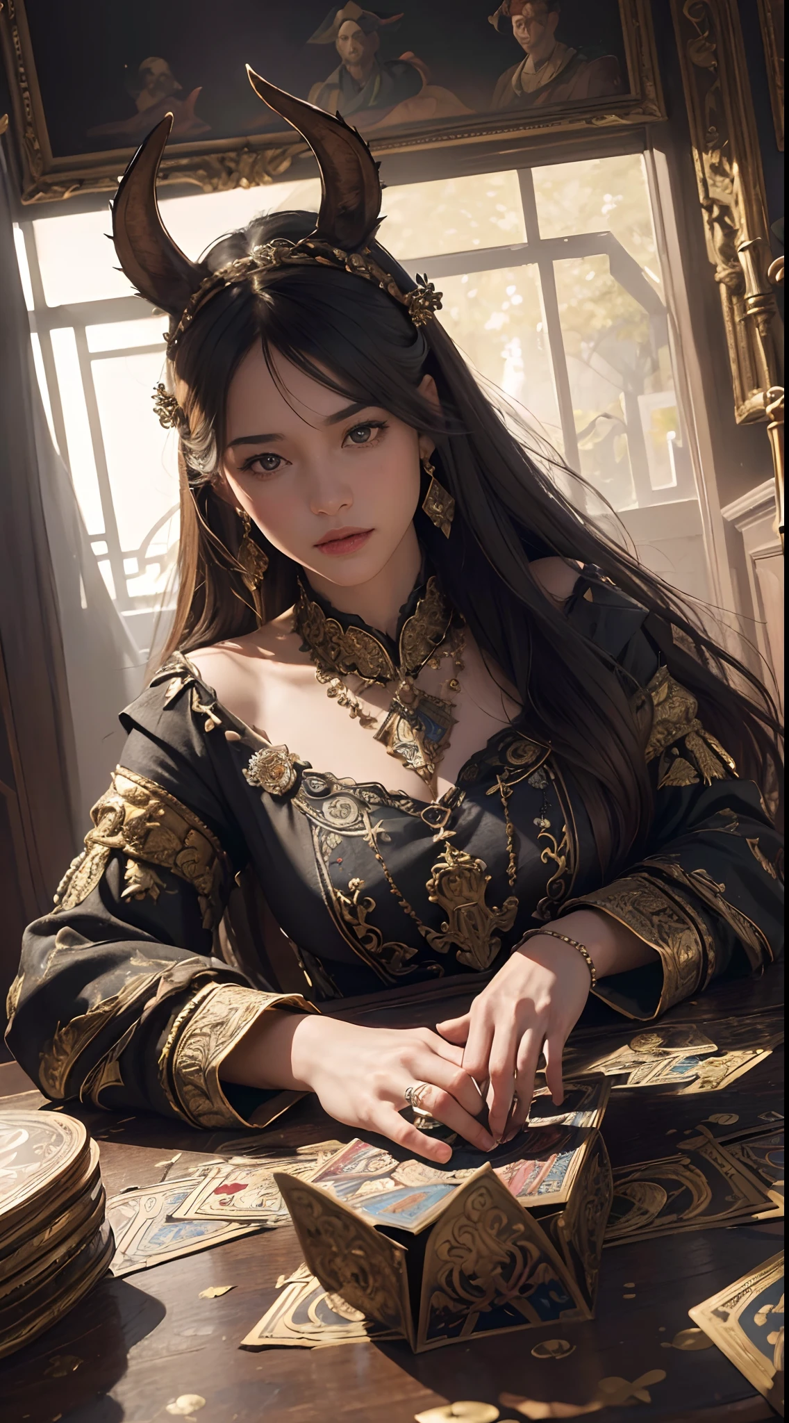 (best quality, highres, realistic:1.37), vibrant colors, oil painting, king of clubs card, donkey head instead, detailed playing card, intricate patterns, regal pose, 3D rendering, exquisite textures, shadow and light interplay