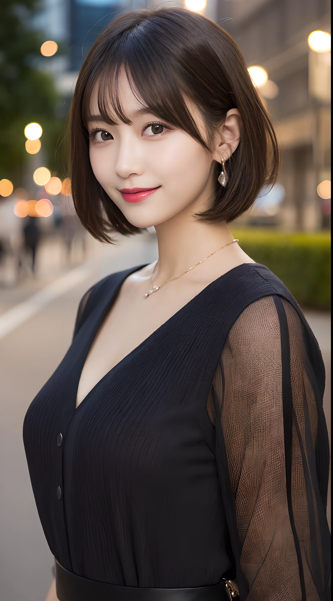 masutepiece, Best Quality, Illustration, Ultra-detailed, finely detail, hight resolution, 8K Wallpaper, Perfect dynamic composition, Beautiful detailed eyes, Luxury Brand Women's Fashion,Shorthair,Natural Color Lip, Bold sexy poses,Smile,Harajuku、20 years girl、Cute、Sexy shot looking at camera、piercings、a park、appointment、A smile、early evening、natta、nighttime scene