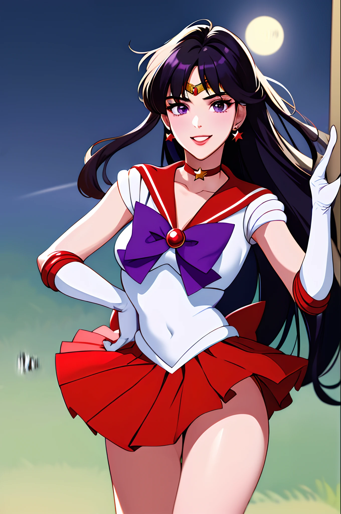 masterpiece, best quality, highres, look like to Dua Lipa, tiara, skirt, sailor senshi uniform, white gloves, red sailor collar, red skirt, star choker, elbow gloves, pleated skirt, bare legs, collarbone, purple bow, cowboy shot, standing, smile, moon, city, Dua Lipa in sailor moon customized