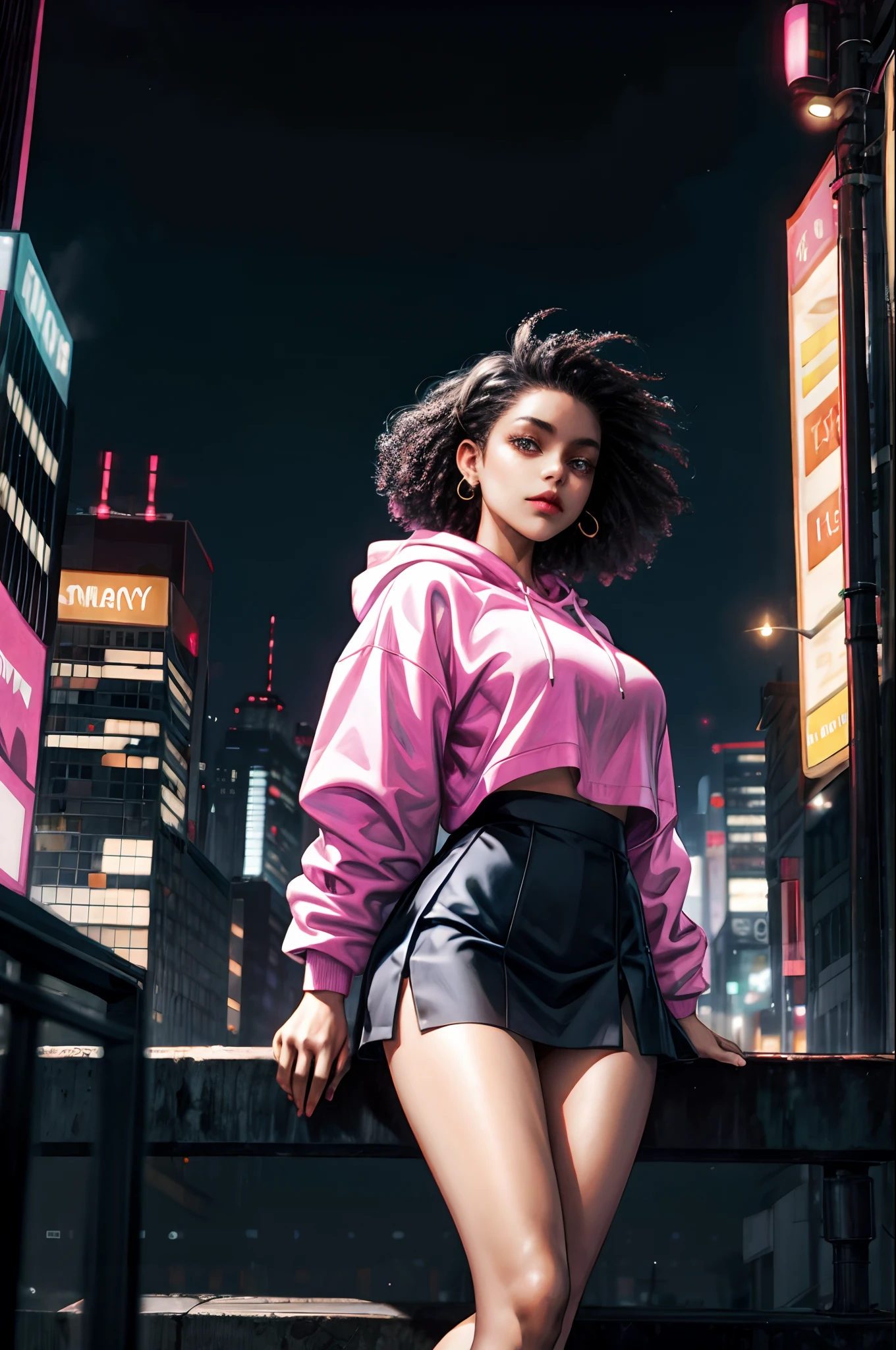 Black girl short skirt view under the skirt, front view, Afro hair, pink hoodie, anime, realistic, retro, 90s, sexy, big boobs, tech wearing, busy city background, black skin looking to viewer, short girl,