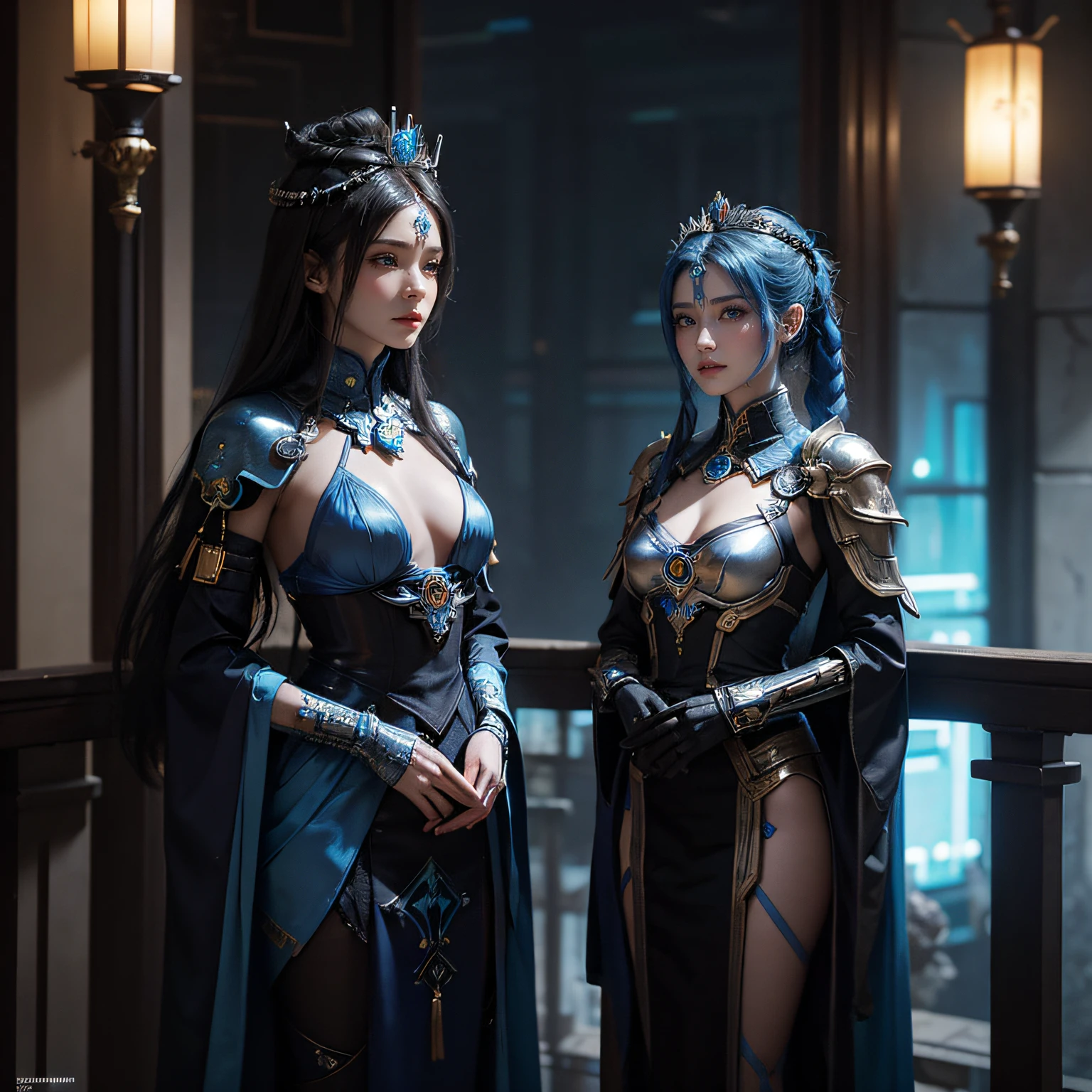 two women in costumes are standing in a room, as lady mechanika, static Prometheus frame, blue body paint, cyberpunk ornaments, Aztec Empress, cinematic details, guards, balcony scene, solarpunk, by Leon Wyczółkowski, sisters, Japanese cgi, Kazakh empress, character close-up