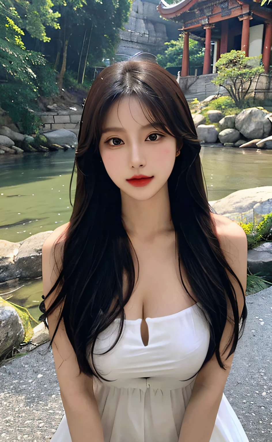Upper body, Long hair, jewelry hairpin, large full breasts, riverside and rock or temple or bridge, See-through, Bare shoulders, Sexy, , , Sexy, Naked
