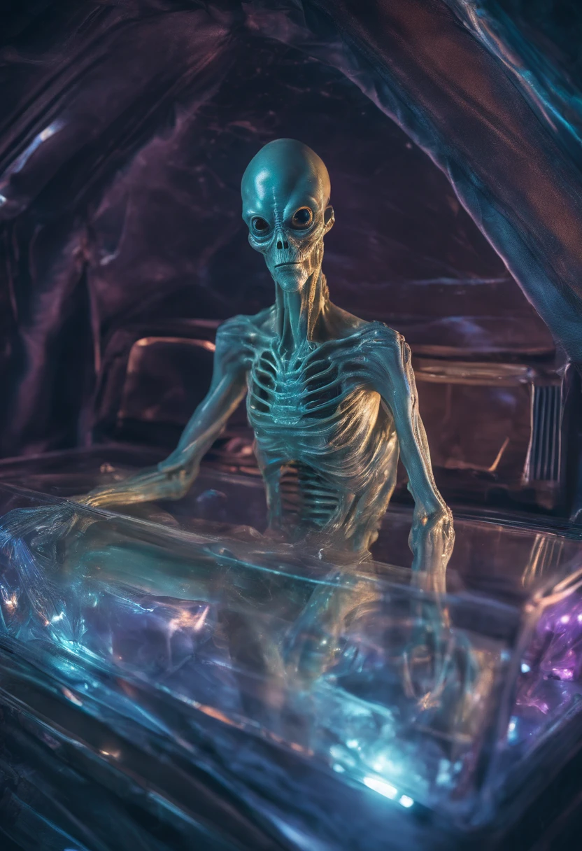 dead body of an alien lies in a crystal coffin,fantchar, a translucent ethereal alien with delicate features in a sci-fi setting, glowing from within, sparks and lights, moonlight, moon, close-up, realistic, highly detailed, intricate