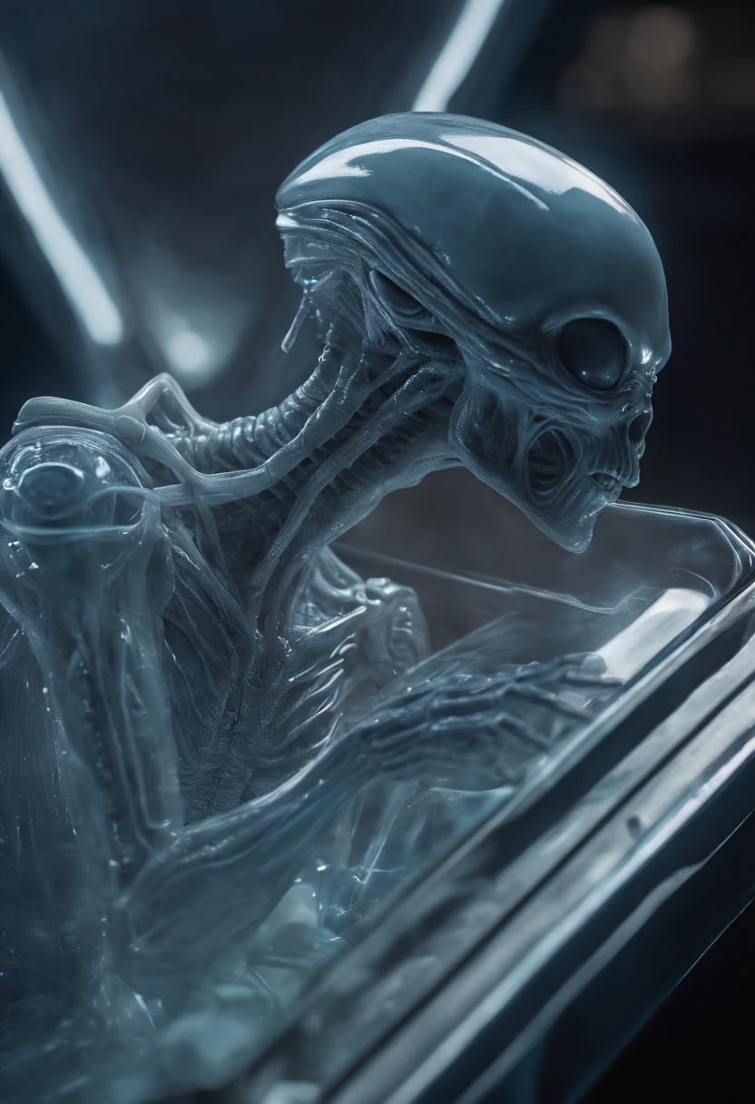 dead body of an alien lies in a crystal coffin，fantchar, a translucent ethereal alien with delicate features in a sci-fi setting, glowing from within, sparks and lights, moonlight, moon, close-up, realistic, highly detailed, intricate