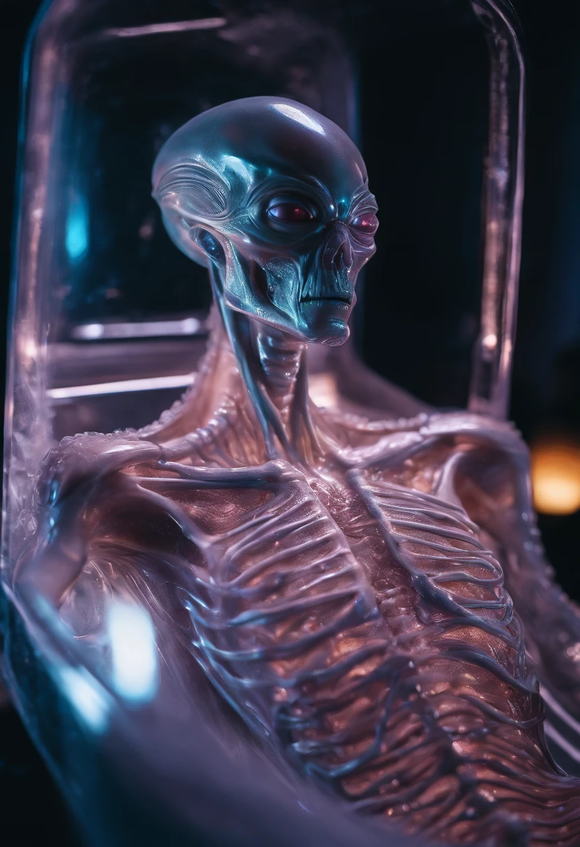 dead body of an alien lies in a crystal coffin,fantchar, a translucent ethereal alien with delicate features in a sci-fi setting, glowing from within, sparks and lights, moonlight, moon, close-up, realistic, highly detailed, intricate