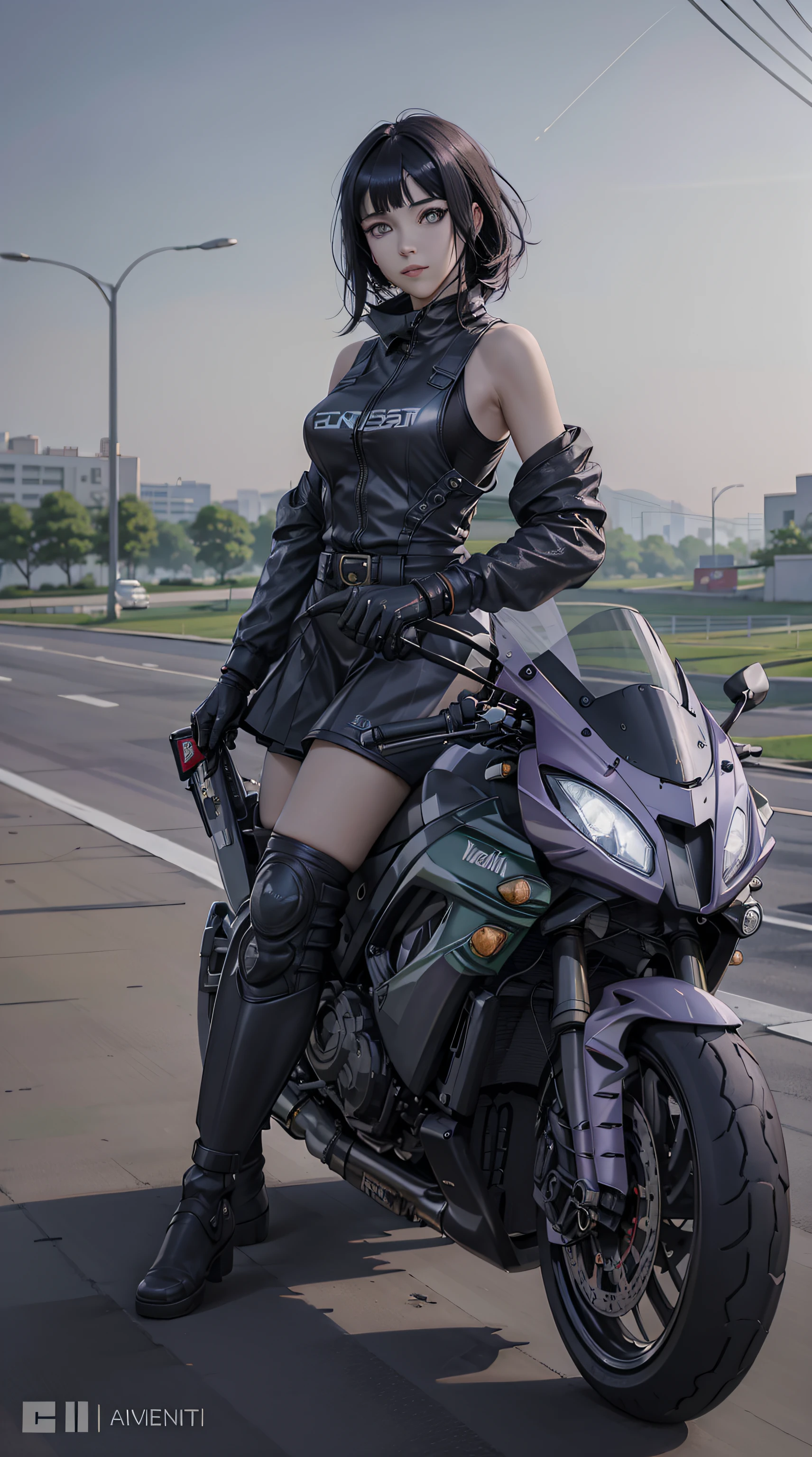 sitting on motorbike, motorbike, kawasaki ninja, hinata\(boruto\), hinata from the anime naruto, light purple eyes, shoulder length hair, black hair, bangs, beauty, beautiful woman, perfect body, perfect breasts, riding a sports motorbike, light purple motorbike, wearing racing boots, wearing gloves, racing overalls, racing wearpack, in the parking area, gas station, looking at the audience, realism, a slight smile, masterpiece, leather textured, super detailed, high detail, high quality, best quality, 1080p, 16k