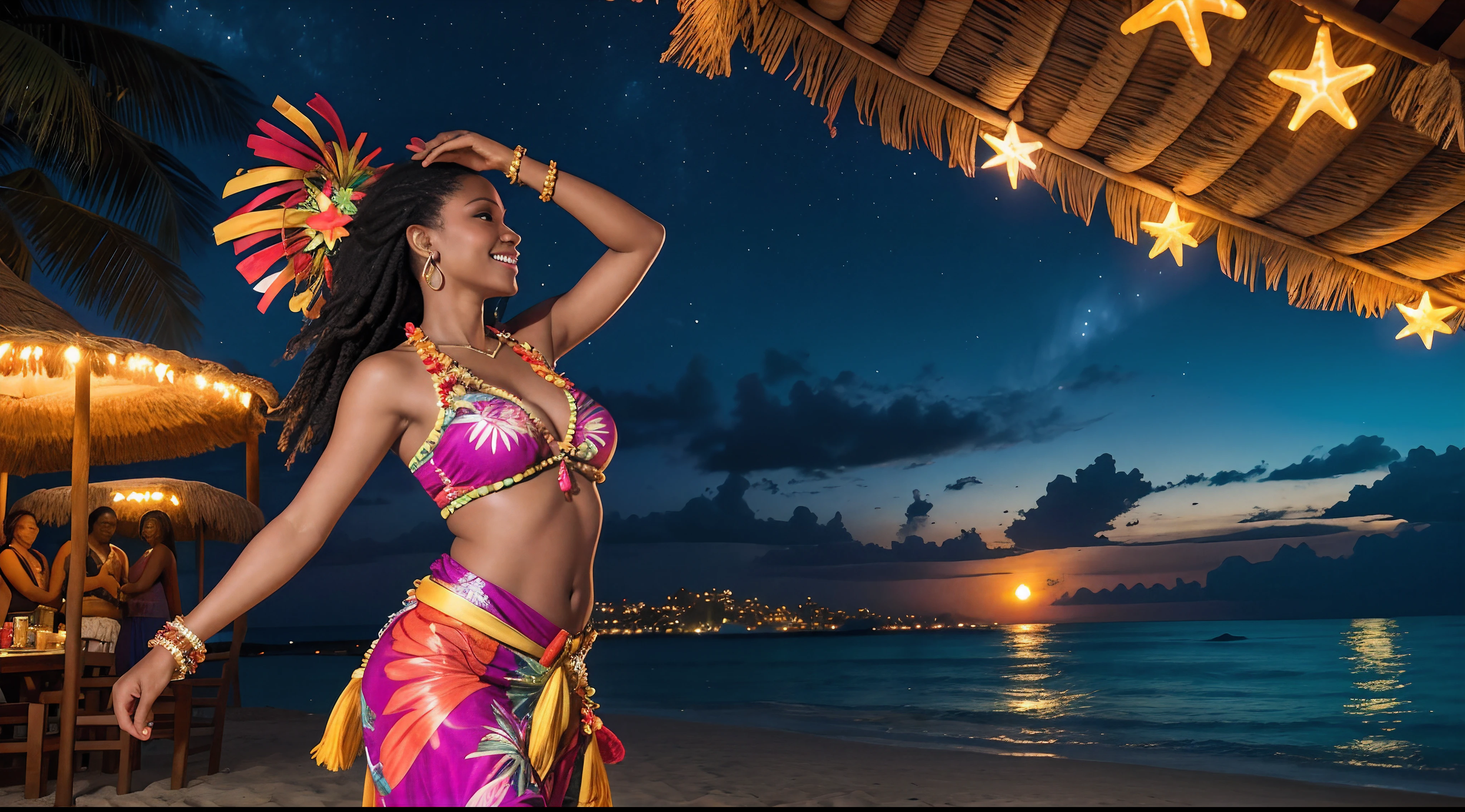 Beautiful woman dancing to Caribbean songs in a luau with a tropical atmosphere at night, stars, beach in the background, party atmosphere, vibrant colors, panoramic view, intricate details, high definition, high resolution, soft lighting