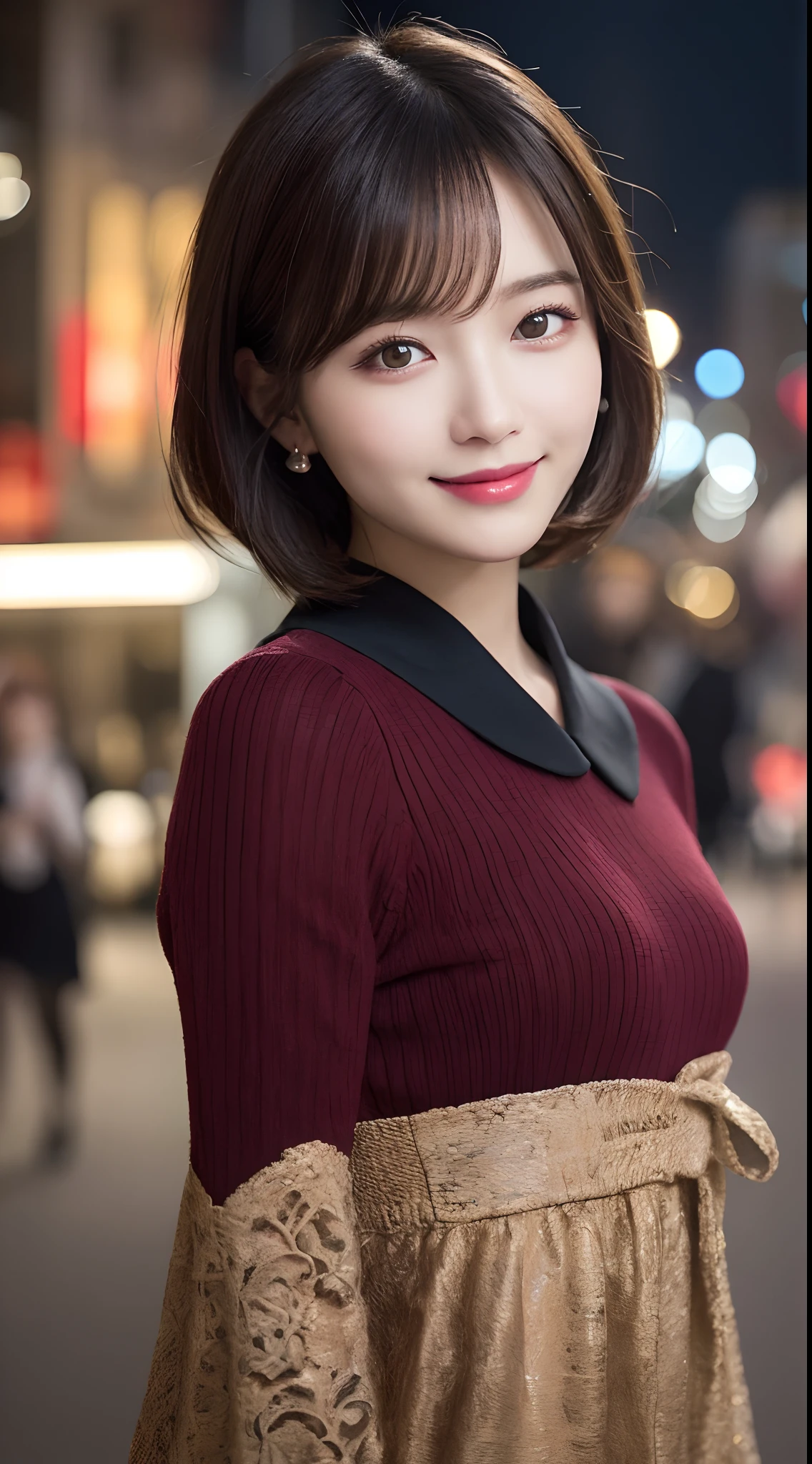 masutepiece, Best Quality, Illustration, Ultra-detailed, finely detail, hight resolution, 8K Wallpaper, Perfect dynamic composition, Beautiful detailed eyes, Luxury Brand Women's Fashion,Shorthair,Natural Color Lip, Bold sexy poses,Smile,Harajuku、20 years girl、Cute、Sexy shot looking at camera、piercings、a park、appointment、A smile、early evening、natta、nighttime scene