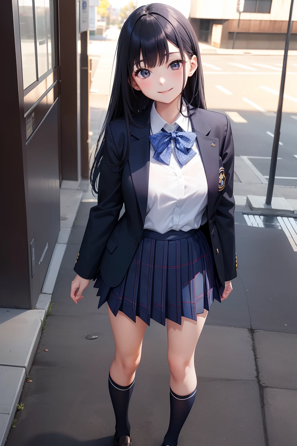 masutepiece, Super Detail, High quality, awardwinning, 8K, (girl), Solo, Smiling, japanese hight school uniform, (All formal jackets are dark navy blue), White shirt, Short skirts are plaid, (Socks are dark navy), Theme color is dark navy, Standing, Full body shot, Portrait Style