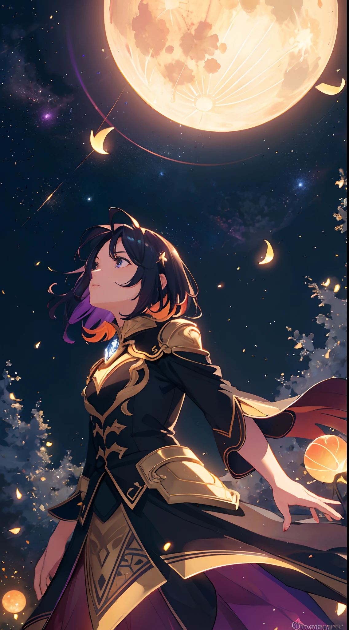 Vast landscape photo, (viewed from below, the sky is above and the open field is below), a girl standing on a flower field looking up, (full moon: 1.2), (meteor: 0.9), (nebula: 1.3), distant mountains , Trees BREAK Crafting Art, (Warm Light: 1.2), (Fireflies: 1.2), Lights, Lots of Purple and Orange, Intricate Details, Volumetric Lighting, Realism BREAK (Masterpiece: 1.2), (Best Quality), 4k, Ultra-Detailed, (Dynamic Composition: 1.4), Very Detailed, Colorful Details, (Rainbow Colors: 1.2), (Glow Lighting, Atmospheric Lighting), Dreamy, Magical, (Solo: 1.2)