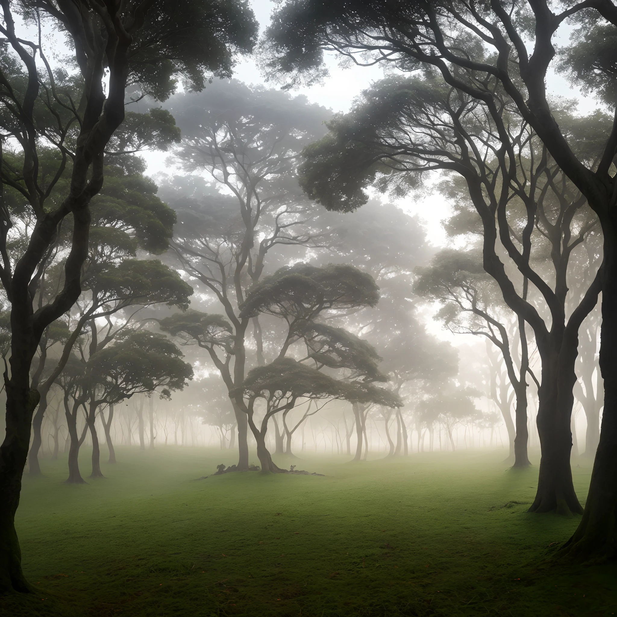 Floresta nublada, luz baixa, arvores, grama, nuvens, neblina, cinza