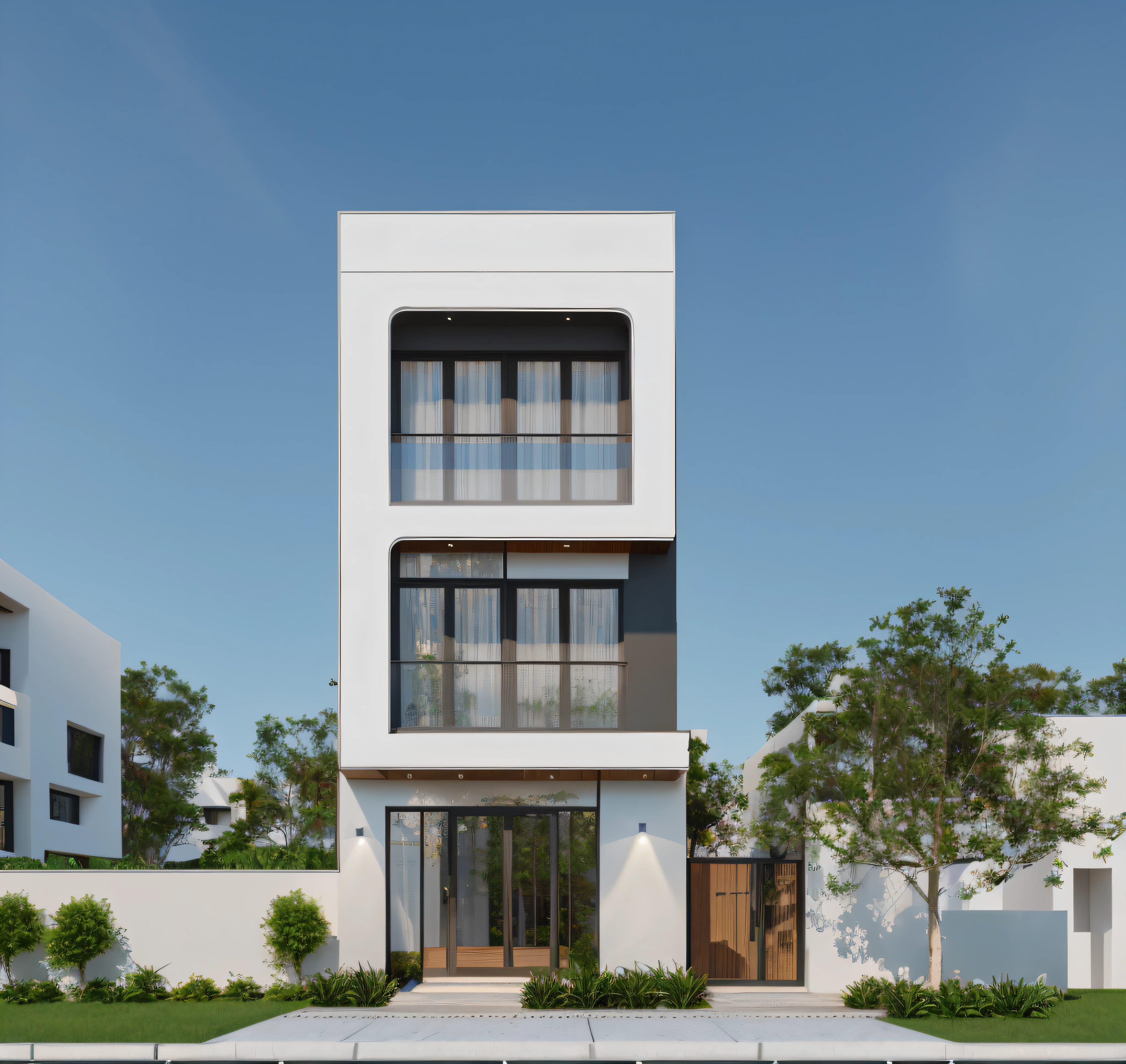 A rendering of a modern house with a pool in the front yard - SeaArt AI