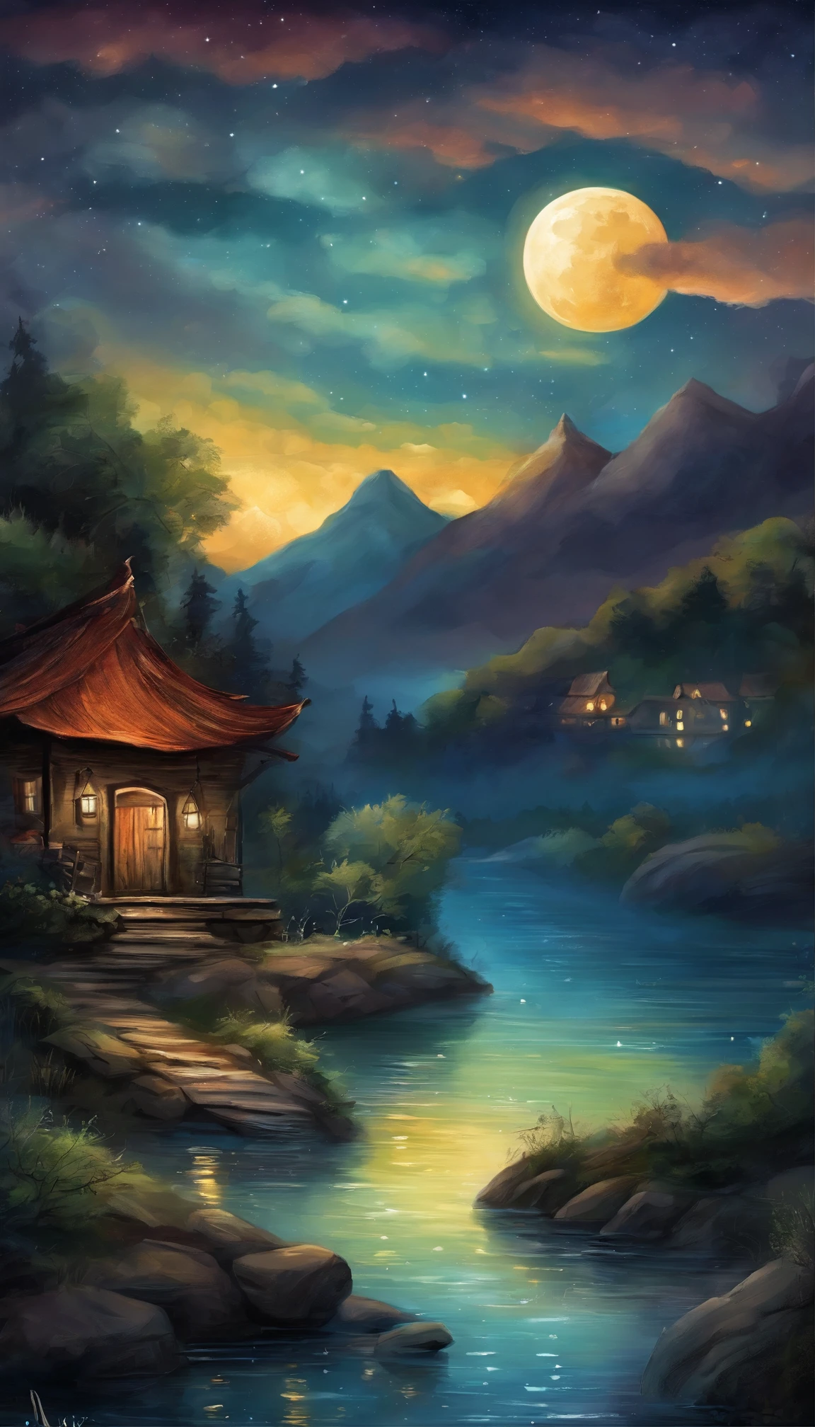 Night view of the old town,Seek and find,cheerless,The moon falls, the crescent moon falls into the lonely well,Fragmented,Bit by bit,There are flowers in dreams, green meadows in dreams,Long hair causes ripples,Shirabu Shishiiso,Kappa poles swing the boat,Crossing the ancient rare,(Small rivers),(Ancient boats),(There is a bright full moon in the distant night sky),(Shining stars),(Starcloud),(nighttime scene),Inspired by Van Gogh,(Van Gogh starry sky painting style),OilPaintStyle,8k wallpaper,light and shadow effect,Tyndall,rendering by octane,White balance,Unreal 5,Extremely detailed picture,depth of fields,tmasterpiece,realisticlying,RAY