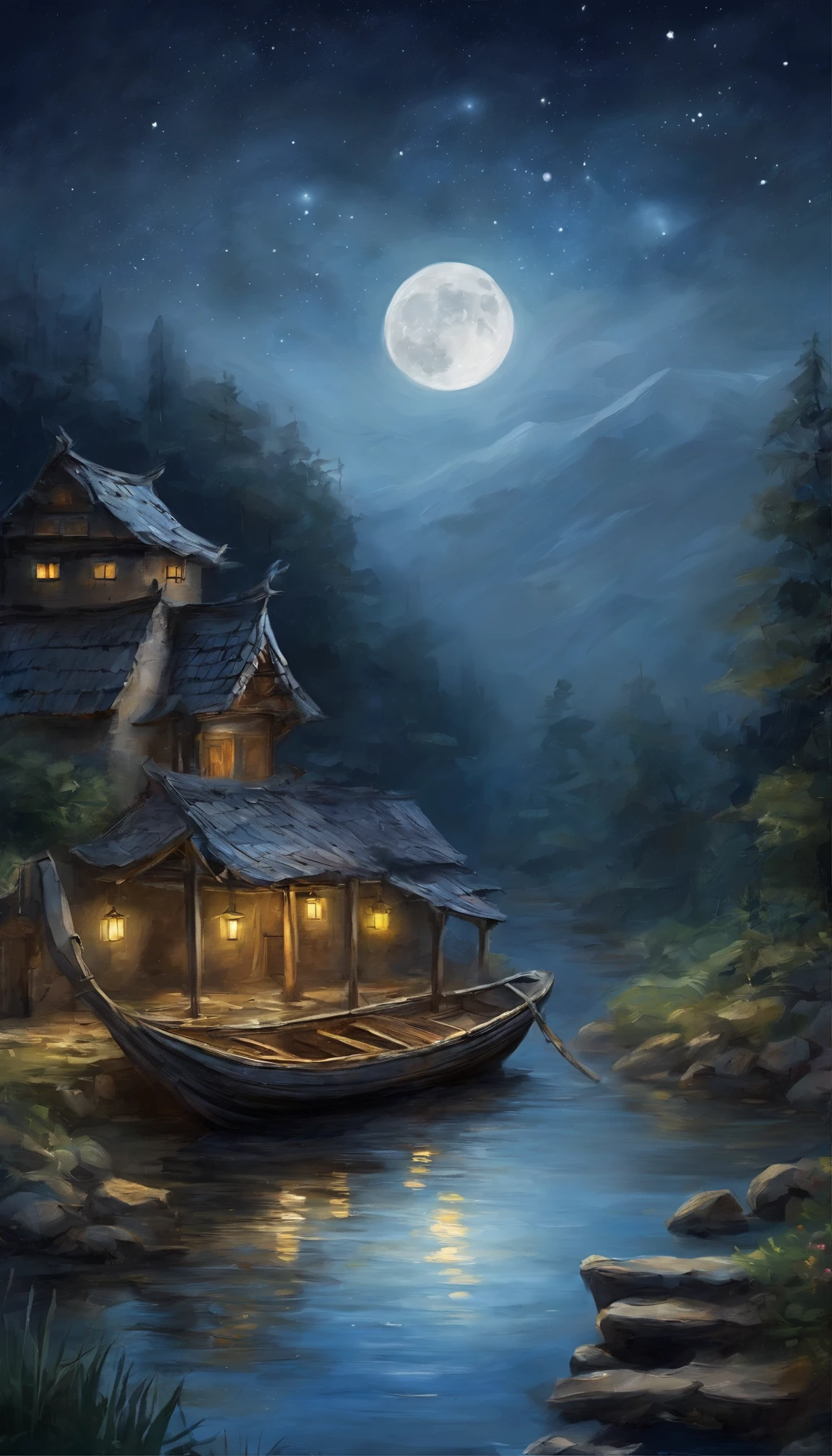Night view of the old town，Seek and find，cheerless，The moon falls, the crescent moon falls into the lonely well，Fragmented，Bit by bit，There are flowers in dreams, green meadows in dreams，Long hair causes ripples，Shirabu Shishiiso，Kappa poles swing the boat，Crossing the ancient rare，（Small rivers），（Ancient boats），（There is a bright full moon in the distant night sky），（Shining stars），（Starcloud），（nighttime scene），Inspired by Van Gogh，（Van Gogh starry sky painting style），OilPaintStyle，8k wallpaper，light and shadow effect，Tyndall，rendering by octane，White balance，Unreal 5，Extremely detailed picture，depth of fields，tmasterpiece，realisticlying，RAY