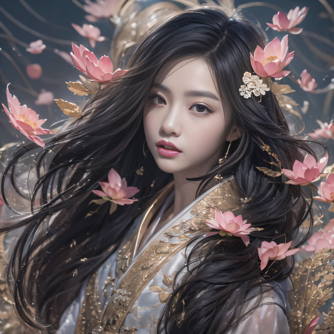 32K(tmasterpiece,k hd,hyper HD,32K)Long flowing black hair,ponds,zydink, a color, Xuzhou people (Silly girl), (Silk scarf), Combat posture, looking at the ground, long whitr hair, Floating hair, Carp pattern headdress, Chinese long-sleeved clothing, (abstract ink splash:1.2), Pink petal background,Pink and white lotus flowers fly(realisticlying:1.4),Black color hair,Fallen leaves flutter,The background is pure, A high resolution, the detail, RAW photogr, Sharp Re, Nikon D850 Film Stock Photo by Jefferies Lee 4 Kodak Portra 400 Camera F1.6 shots, Rich colors, ultra-realistic vivid textures, Dramatic lighting, Unreal Engine Art Station Trend, cinestir 800,Long flowing black hair,Denim skirt