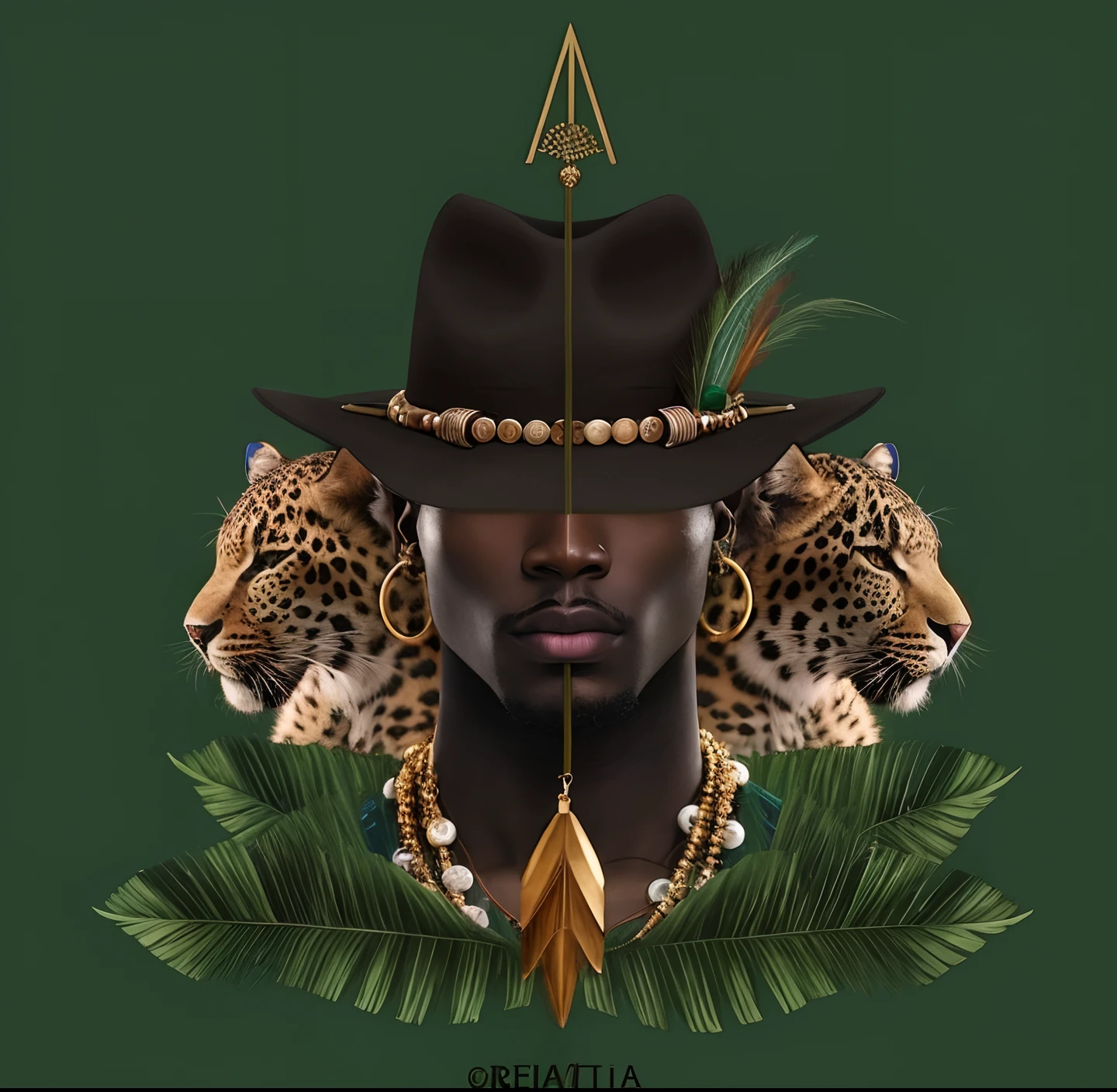 Cinematic hyperrealistic image: A closeup of a man wearing a hat and a leopard, rei africano, A leoa preta lisa, lindo guarda florestal da selva, Afrofuturista, Afrofuturismo, afrocentric mysticism, African prince, rei da Selva, Retrato de uma guarda florestal masculino, Estilo Afrofuturista, Futurismo Afro, art deco shaman, magia negra, Afrofuturista, homem africano