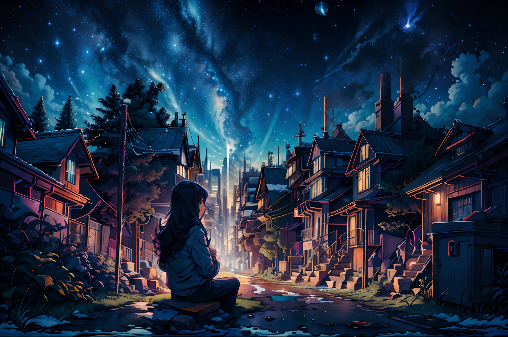 octane, sky, star (sky), landscape, starry sky, night, only child, night sky, solo, outdoor, signature, building, clouds, milky way, sitting, tree, long hair, city, silhouette, cityscape