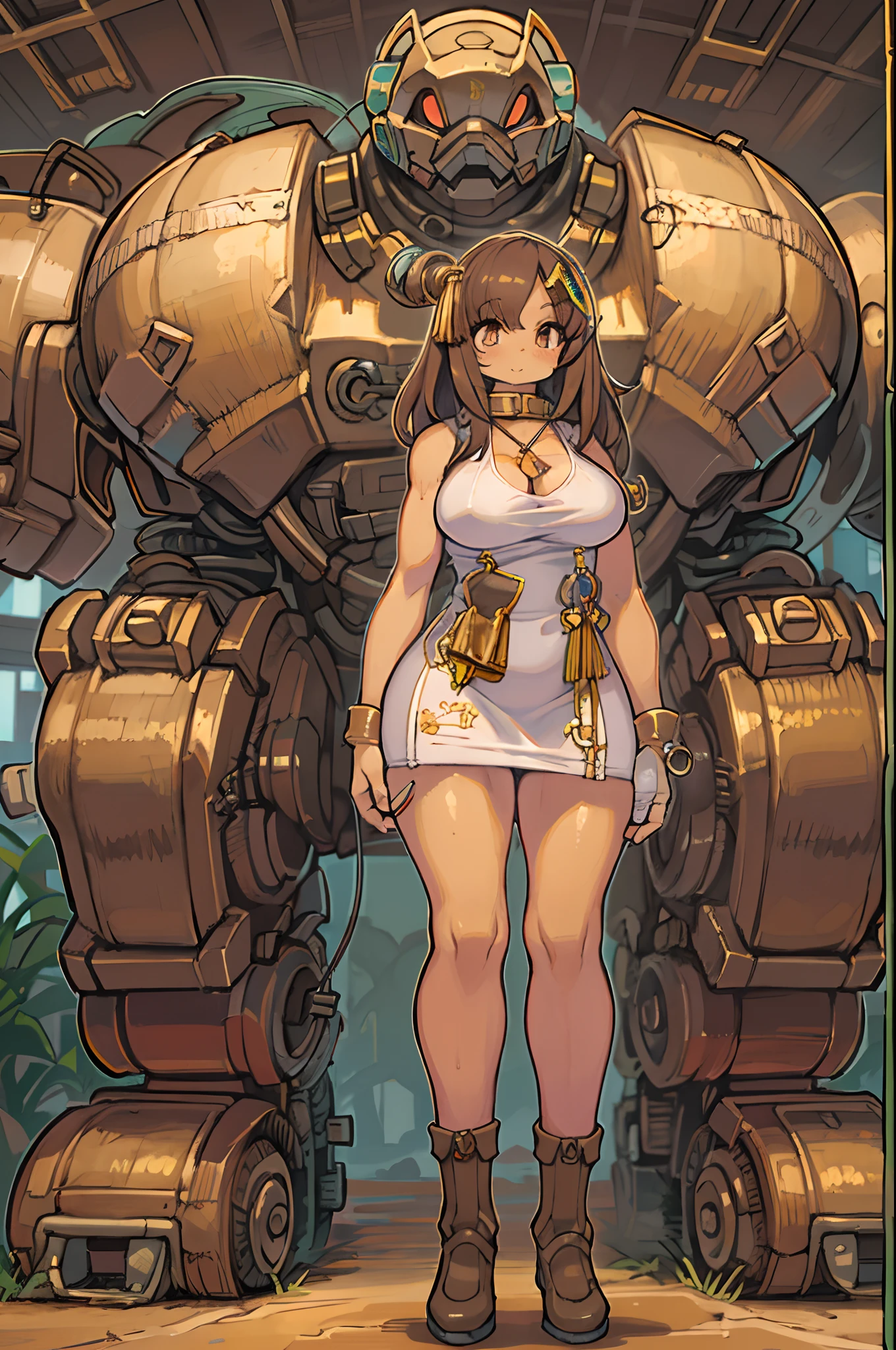 Woman in dress stands in front of giant robot, Don Mitts, portrait of sofia vergara, Promotional Art, attractive brown hair woman, Retropunk, The main character in the foreground, Inspired by Louis Paul, mechanic, anime visual of a young woman, Compute Shaders, Inspired by Donato Giancola, youtube thumbnail, Chrome Art ,thighs thighs thighs thighs, chubby, Big buttocks, Huge breasts,child girl,loli