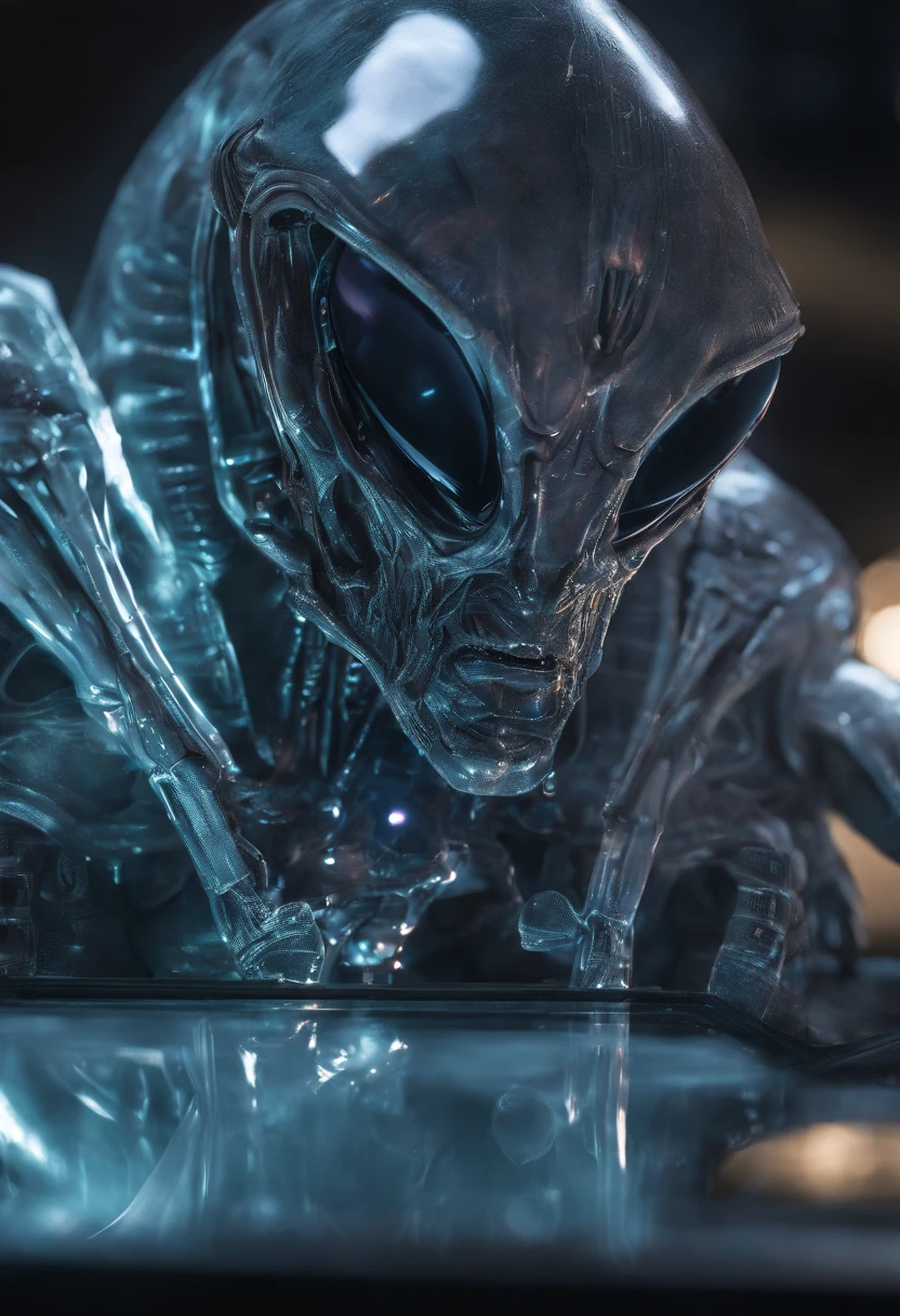 The alien's body lies in a crystal coffin，Van Terchall, A translucent ethereal alien，It has refined features in a sci-fi environment, glowing from within, Sparks and lights, Moonlight, Moon, Close-up, Realistic, Highly detailed, Intricate