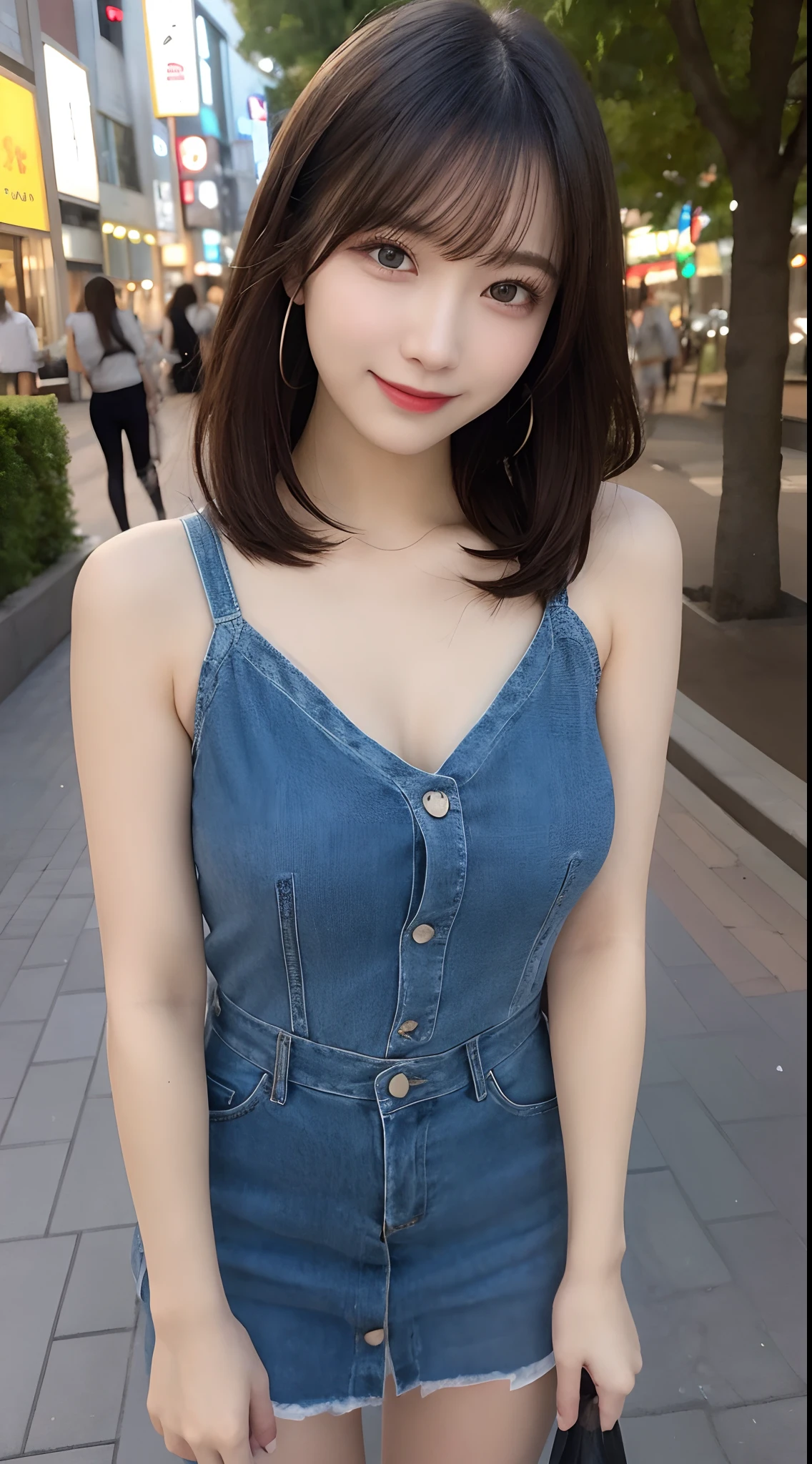 masutepiece, Best Quality, Illustration, Ultra-detailed, finely detail, hight resolution, 8K Wallpaper, Perfect dynamic composition, Beautiful detailed eyes, Luxury Brand Women's Fashion,Shorthair,Natural Color Lip, Bold sexy poses,Smile,Harajuku、20 years girl、Cute、Sexy shot looking at camera、piercings、a park、appointment、a smile、early evening、natta、nighttime scene
